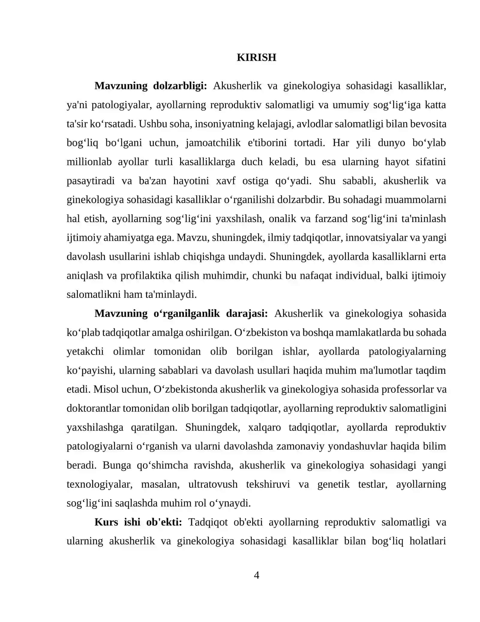 Akusherlik va ginekologiya sohasidagi (kasalliklar) patologiyalar mavzusida 4