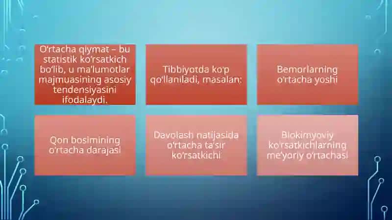 Oʼrtacha qiymatlar. Statistik tadqiqot natijalarini xaqqoniyligini baholashning parametrik usullari. 4