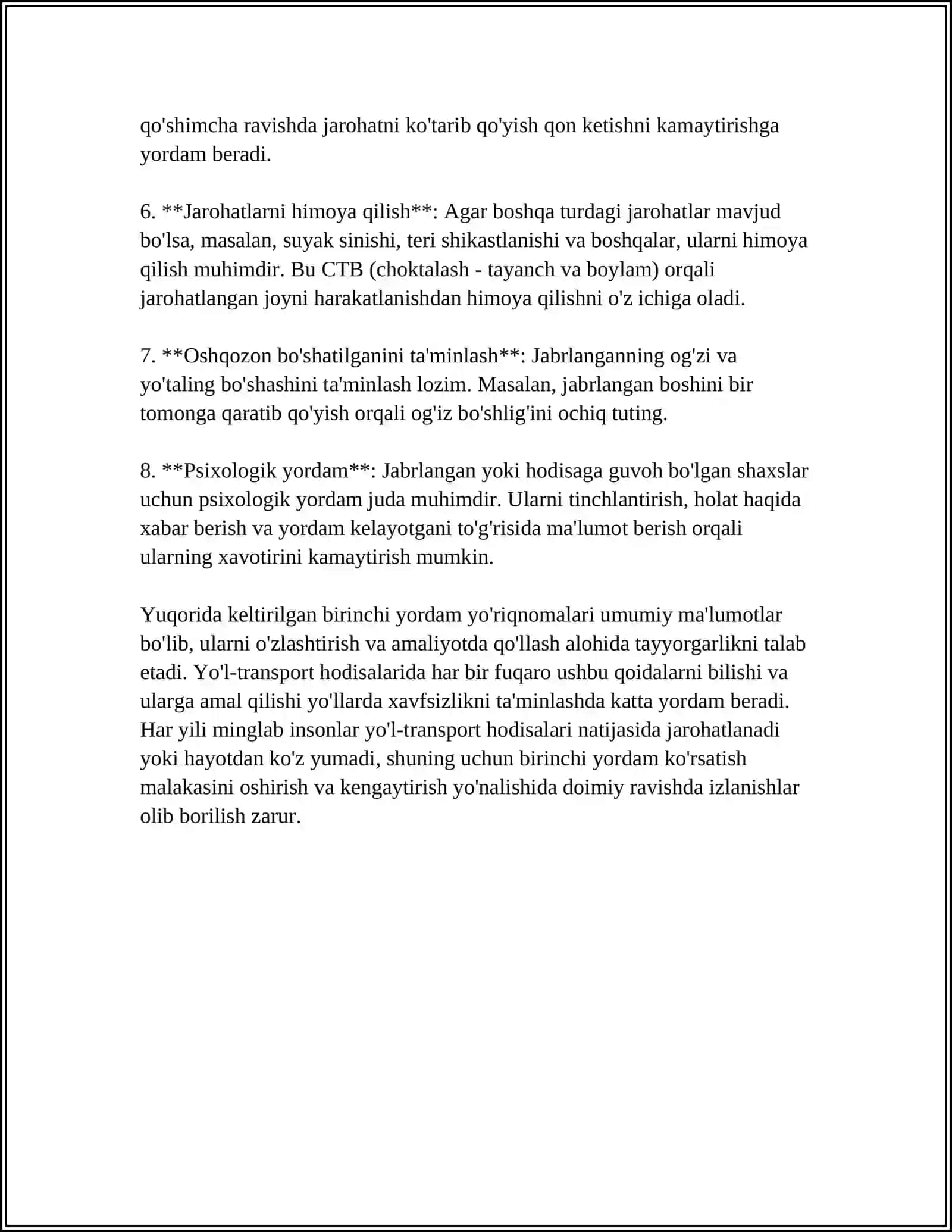 SUYAK SINISHLARIDA YO'L TRANSPORT XODISALAR VA BALANDLIKDAN TUSHISHDA, TIBBIYOT HODIMLARI YETIB KELGUNGA QADAR BIRINCHI YORDAM KORSATUSH 4