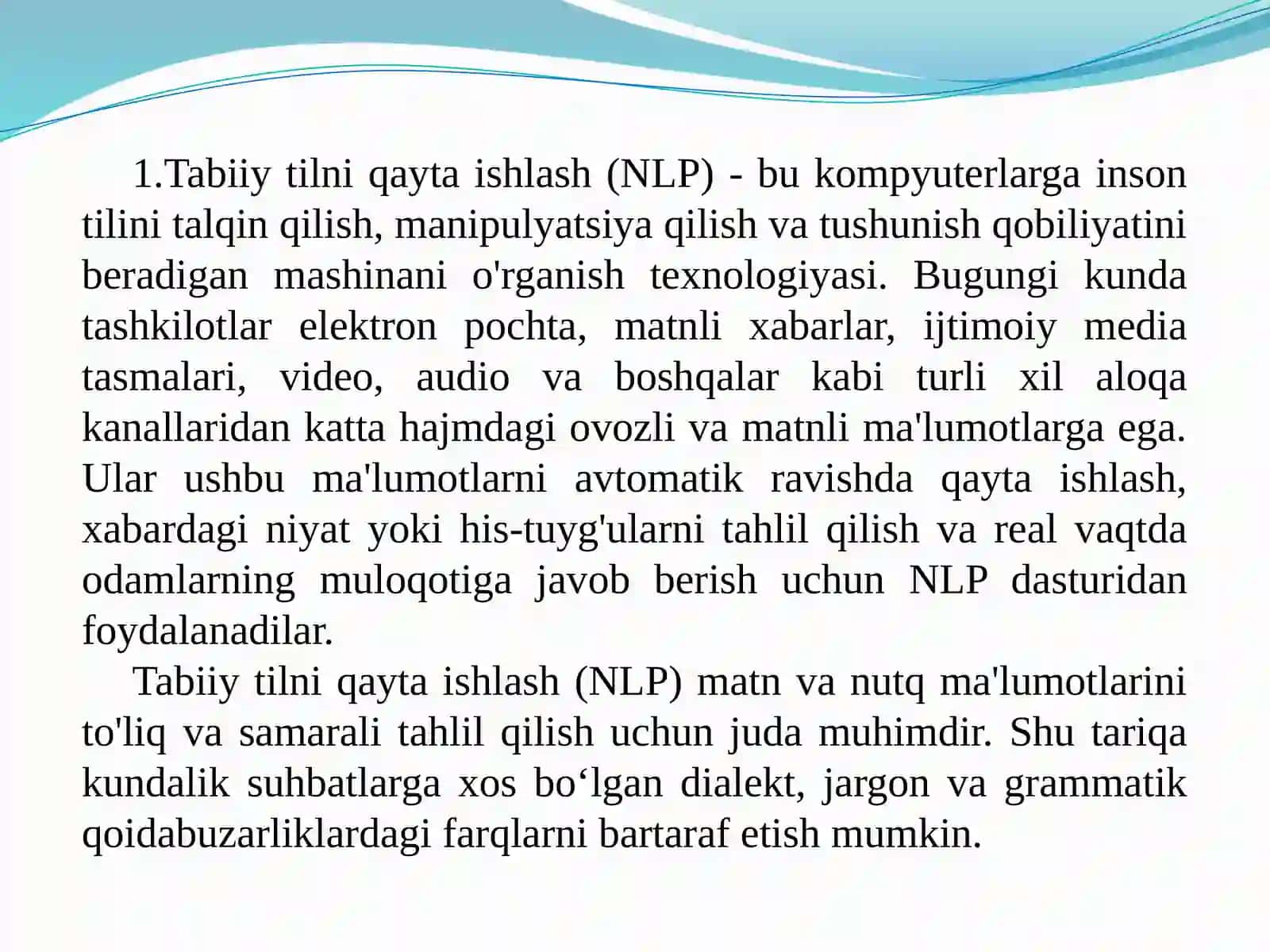 Tabiiy tilni qayta ishlashning ahamiyati va vazifalari. Axborotni izlash va ajratib olish 4