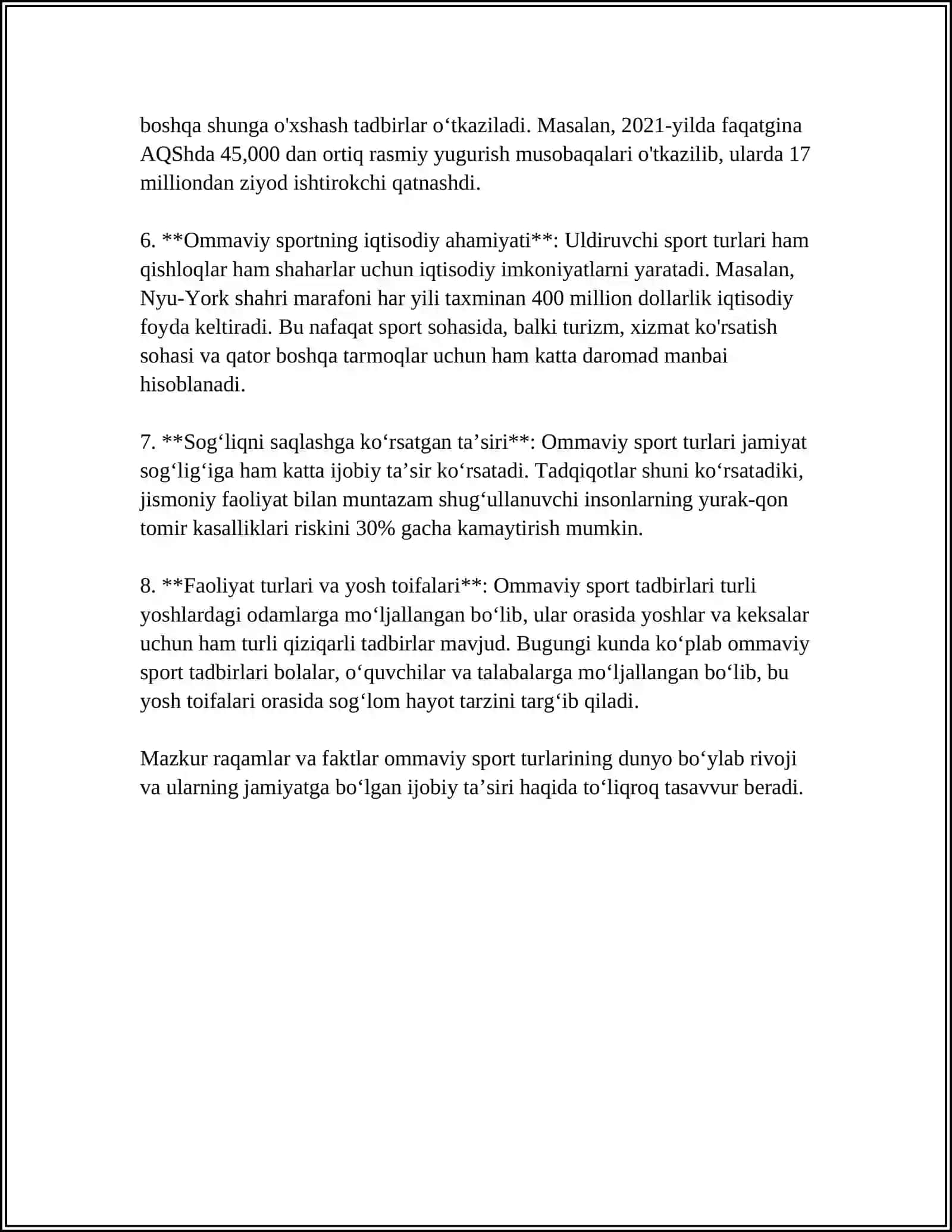 MUSTAQIL ISH Mavzu: OMMAVIY SPORT TURINING TOMOSHABINGA TASIRI 4