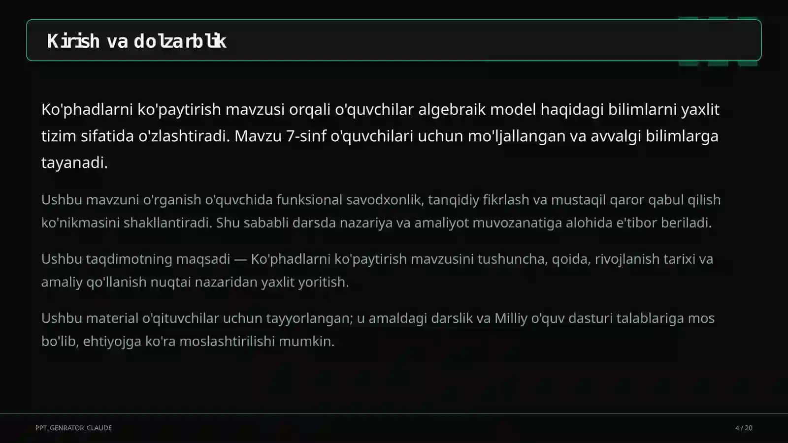 Algebra (7–11) — o'qituvchilar uchun 4
