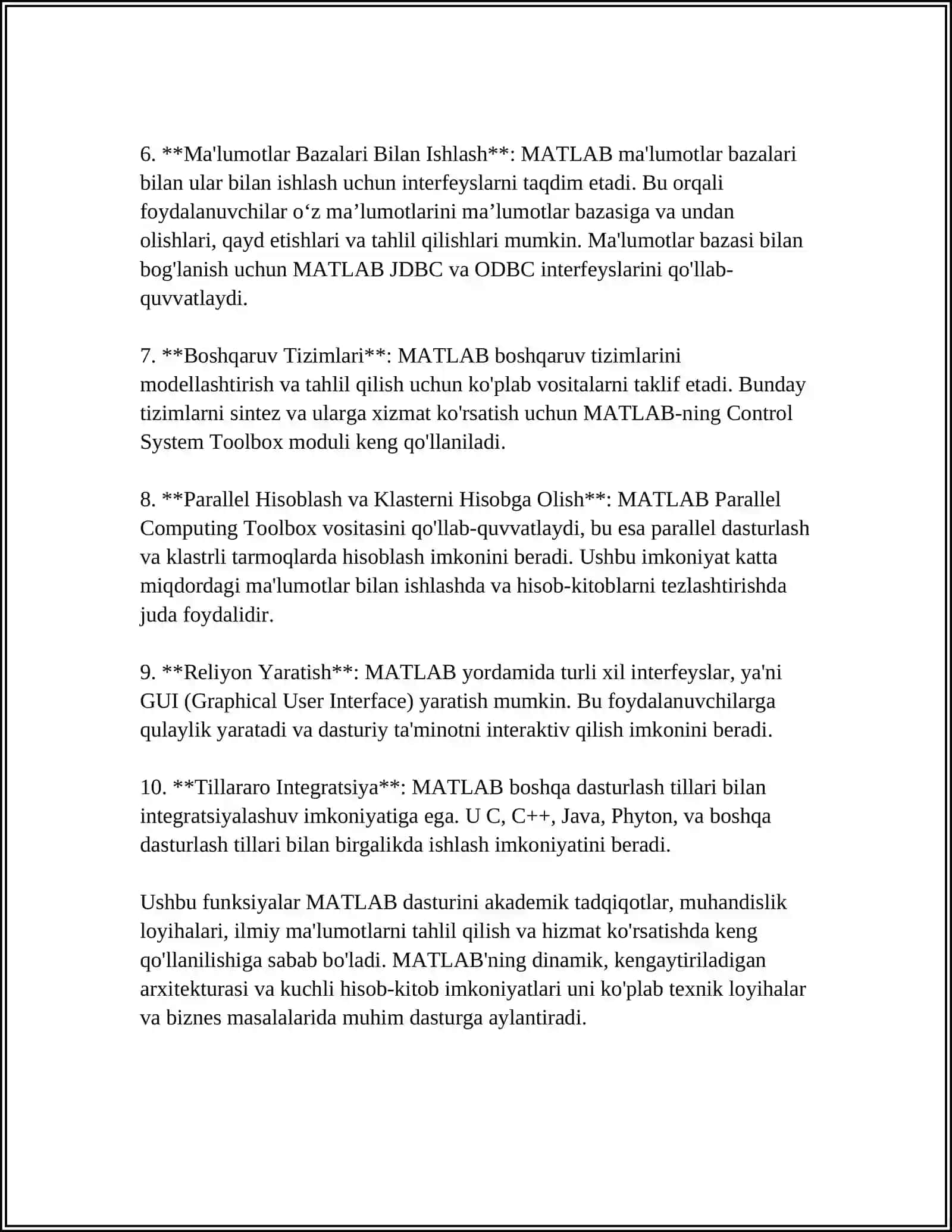 MUSTAQIL ISH Mavzu: MATLAB DASTURINING IMKONIYATLARI 4