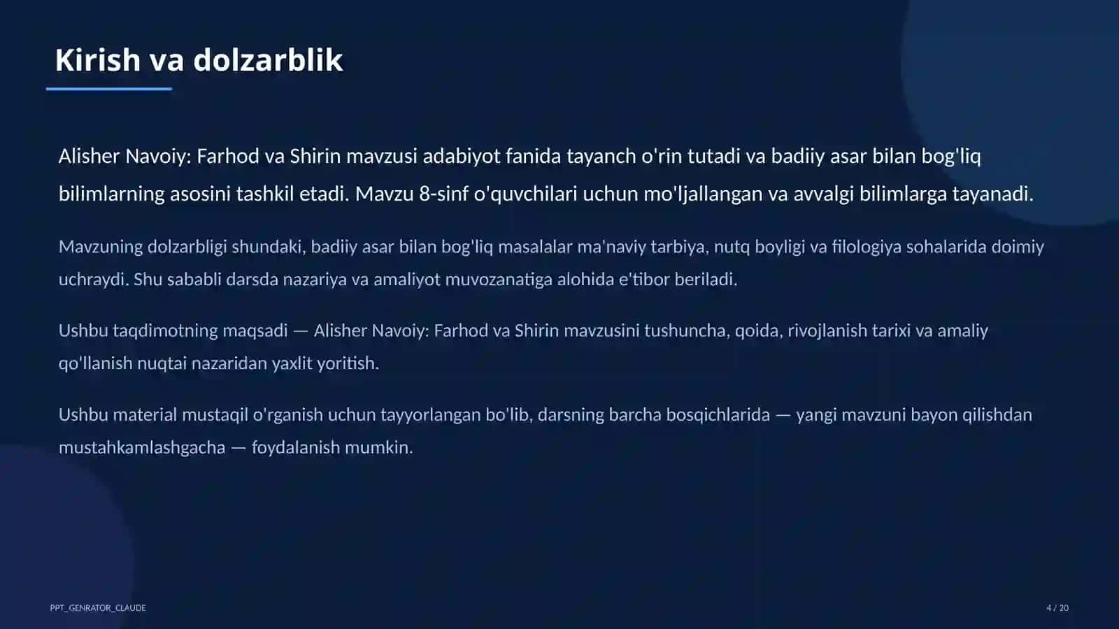 Alisher Navoiy: Farhod va Shirin (8-sinf) 4