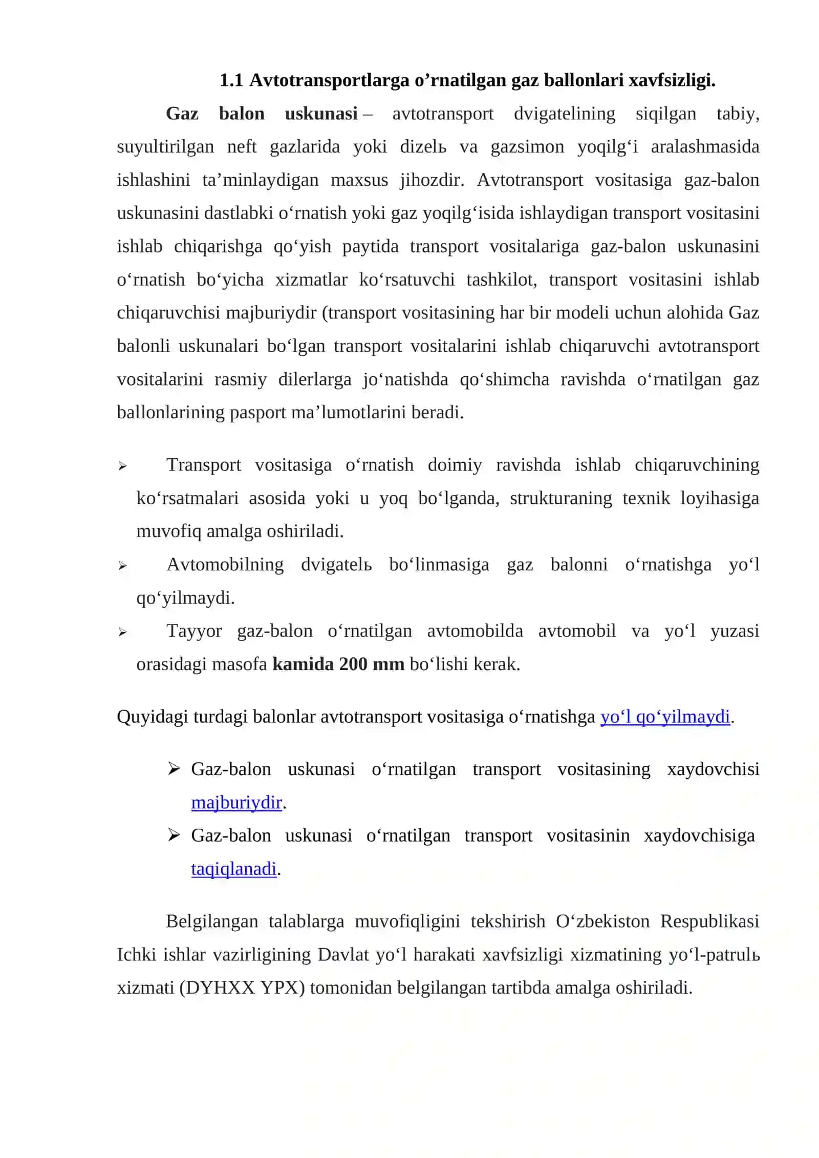 Avtotransportlarda gaz ballonli uskunalarning xavfsizligi, o‘rnatilishi va texnik xizmat ko‘rsatish tartibi 4