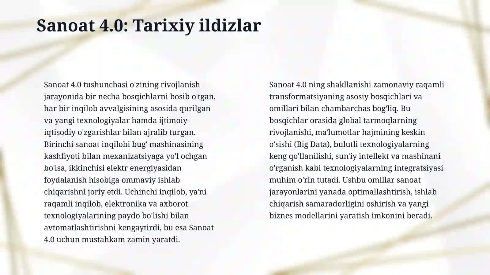 1	Industry 4.0 konsepsiyasi: kelib chiqishi, asosiy texnologiyalari va global rivojlanish tendensiyalari. 4