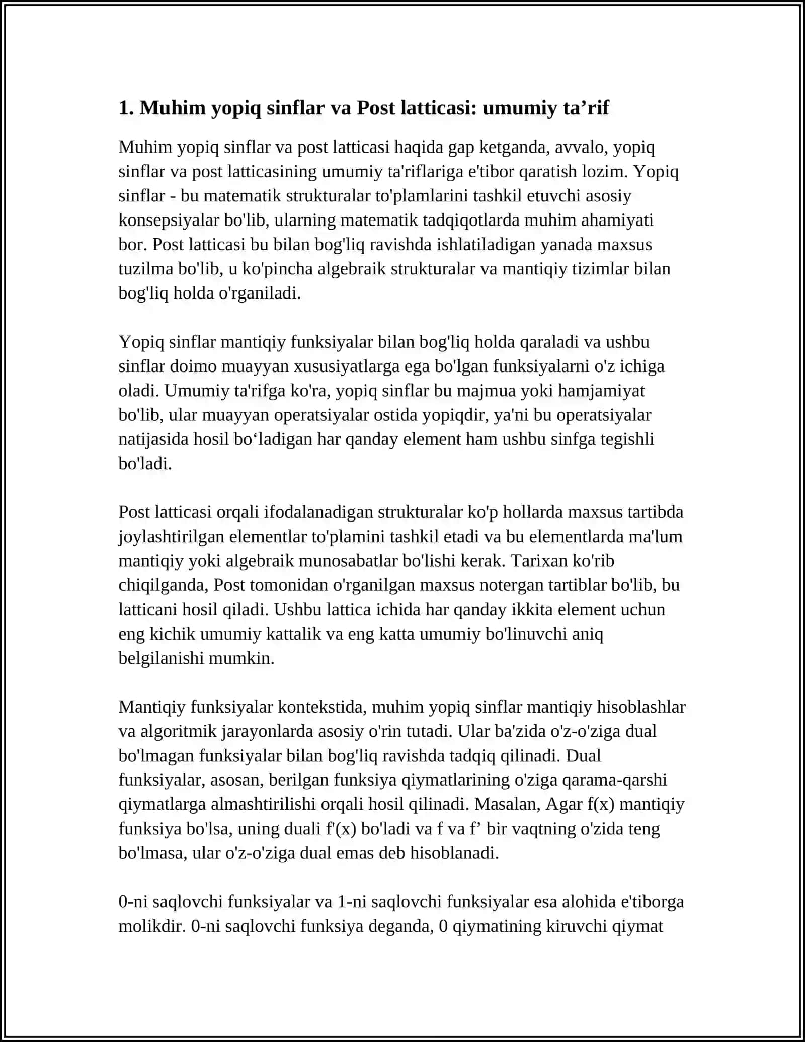 Muhim yopiq sinflar va Post latticasi: umumiy ta’rif 4
