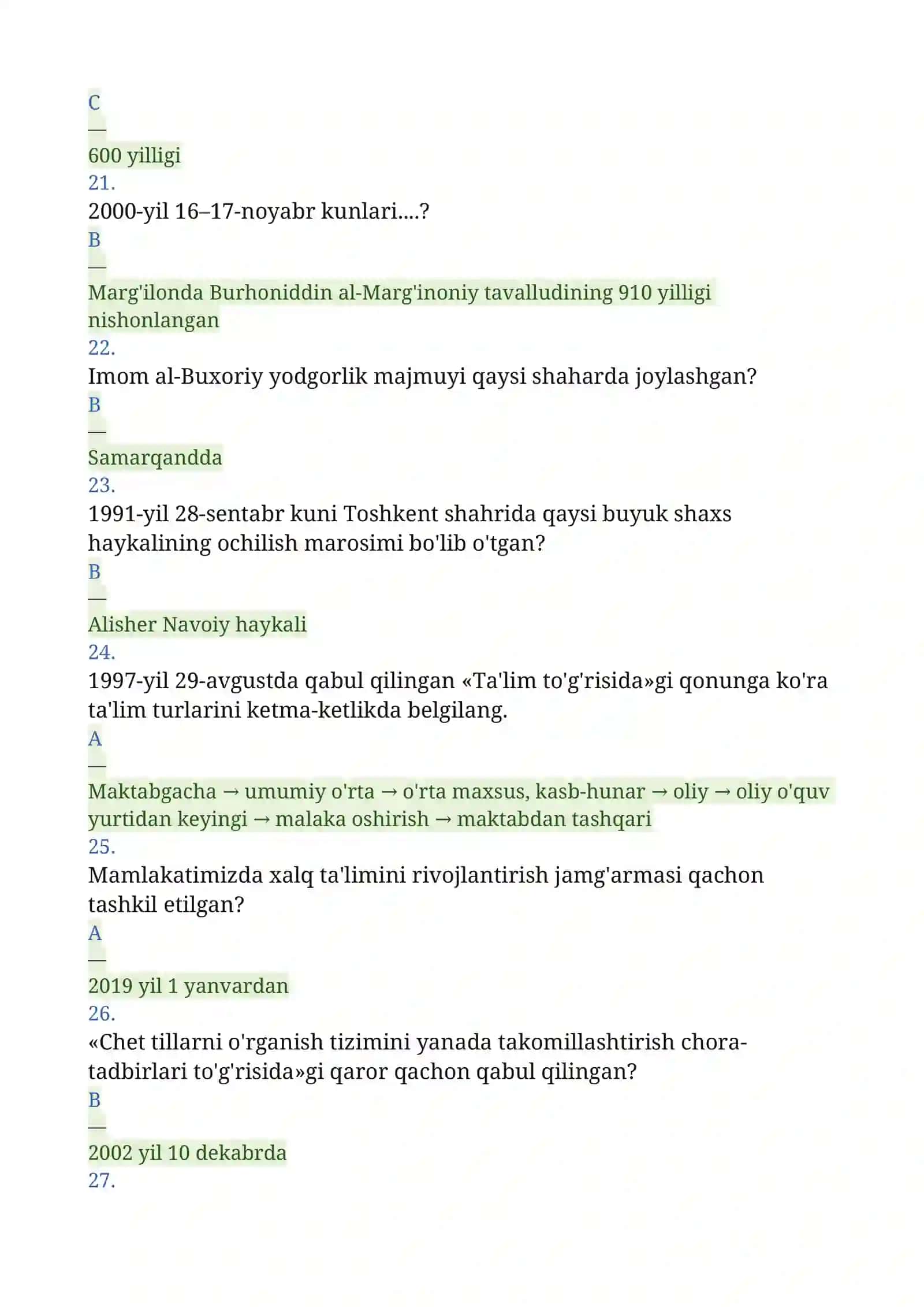 Mustaqillik yillarida O'zbekistondagi ma'naviy va madaniy taraqqiyot Test savollari 4