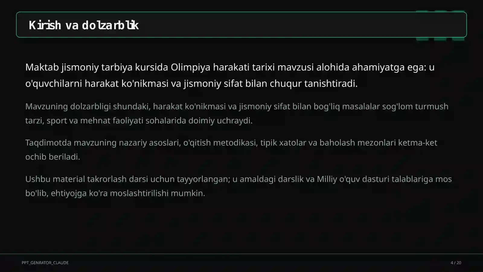 Jismoniy tarbiya (1–11) — takrorlash darsi uchun 4