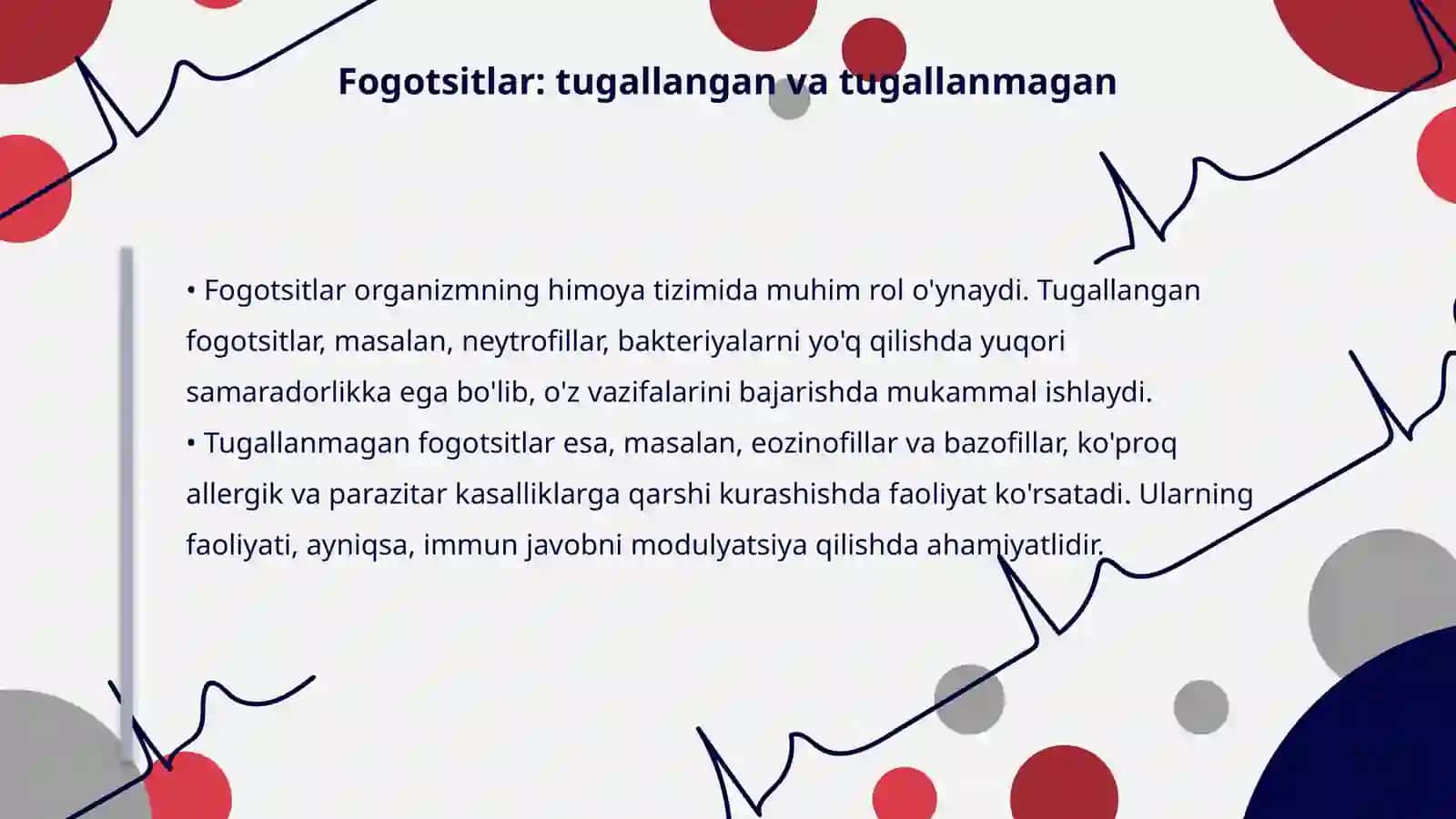 Qondagi neytrofillar leykositlar tugallangan yoki tugallanmagan fogotsitlar soʻlakdagi lizotin fermentini aniqlash 4