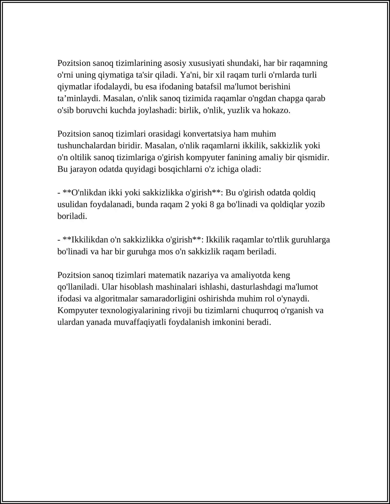 POZITSION VA NOPOZITSION SANOQ SISTEMALARI. SONLARNI BIR SANOQ SISTEMASIDAN BOSHQA SANOQ SISTEMASIGA О‘TKAZISH 4