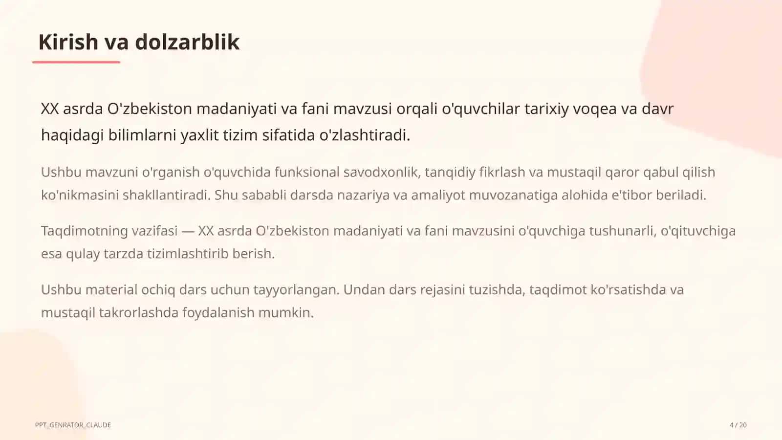 XX asrda O'zbekiston madaniyati va fani (10-sinf) 4