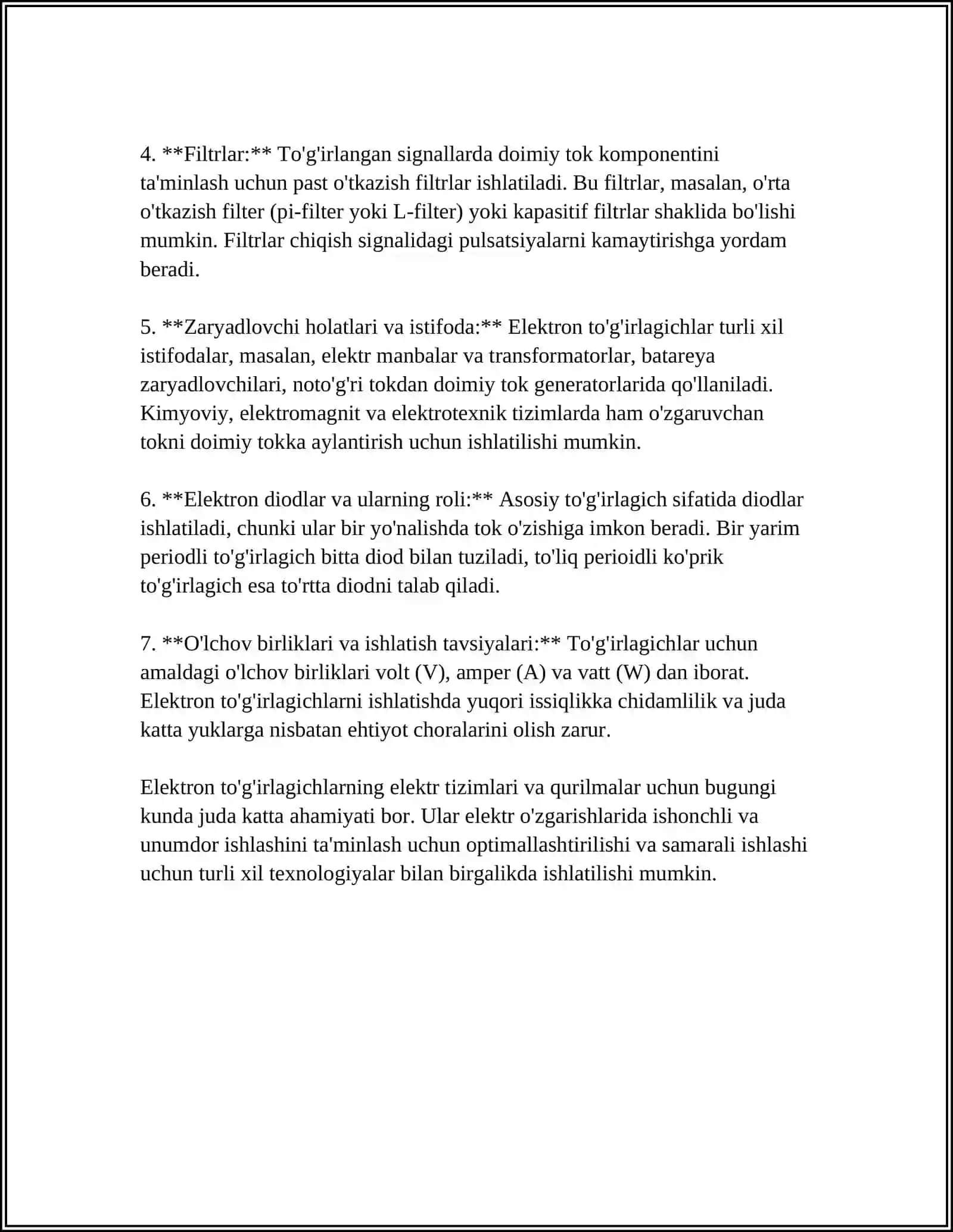ELEKTRON TO'G'IRLAGICHLAR,BIR VA IKKI YARIM DAVRLI TO'G'IRLASH SXEMALARI.INVERTORLAR VA ULARNING ISHLATILISHI 4