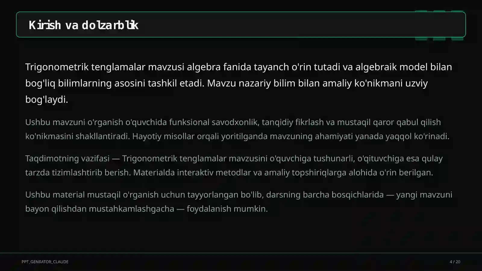 Trigonometrik tenglamalar (10-sinf) 4