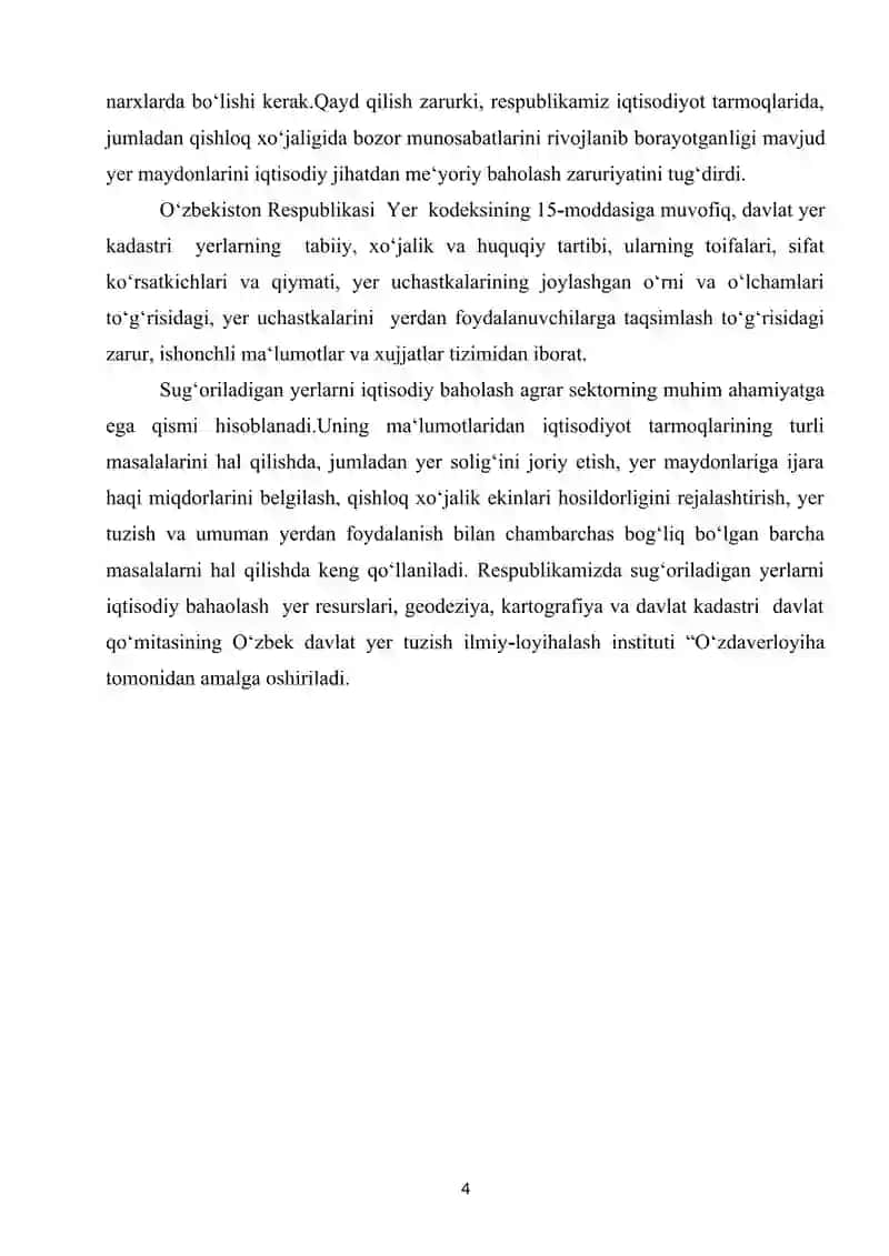 Tuproq bonitirovkasi va yerlarni iqtisodiy normativ baholash mavzusida kurs ishi 4