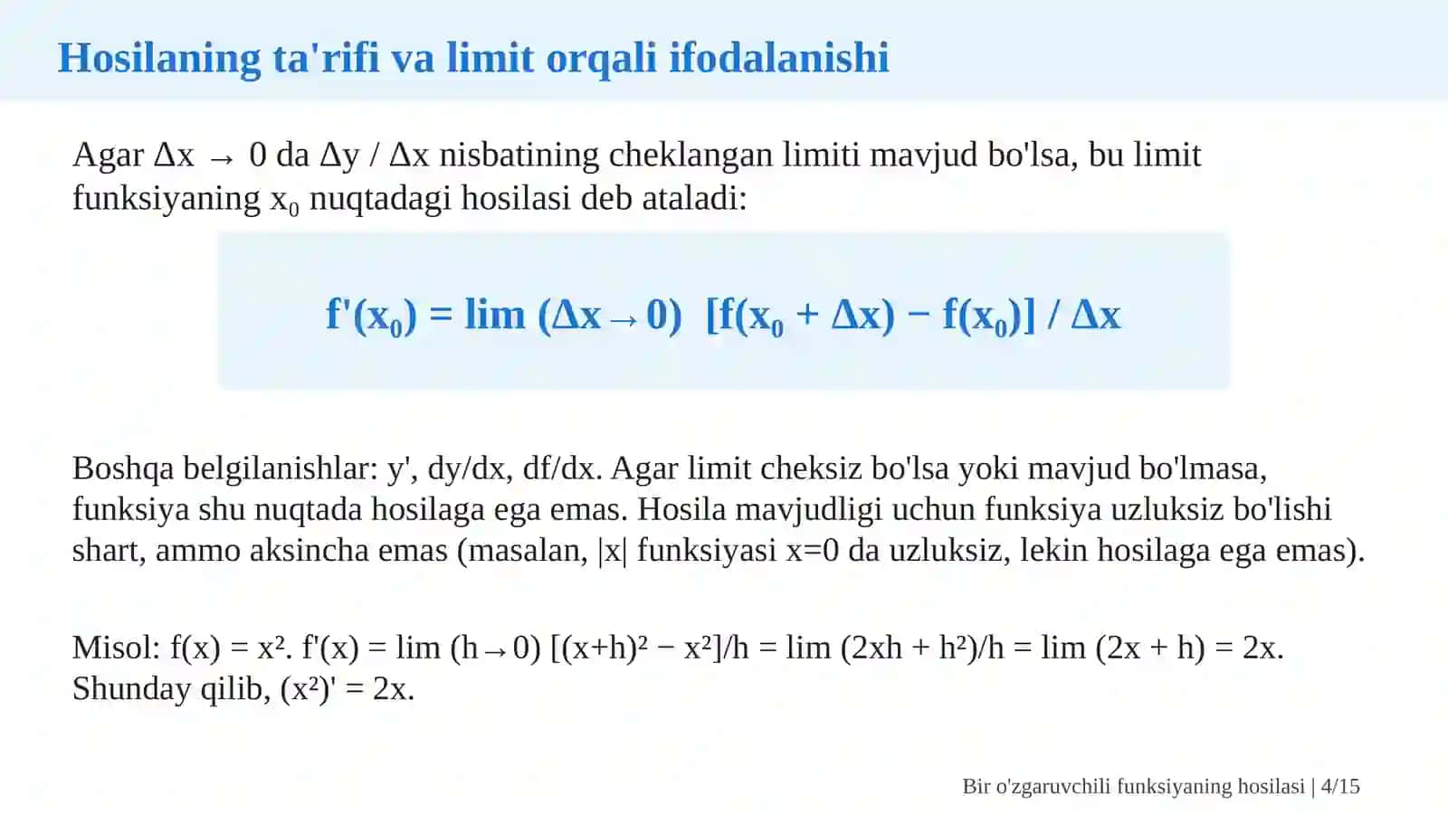Bir o'zgaruvchili funksiyaning hosilasi 4