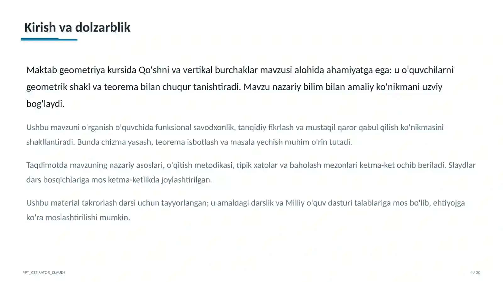 Qo'shni va vertikal burchaklar (7-sinf) 4