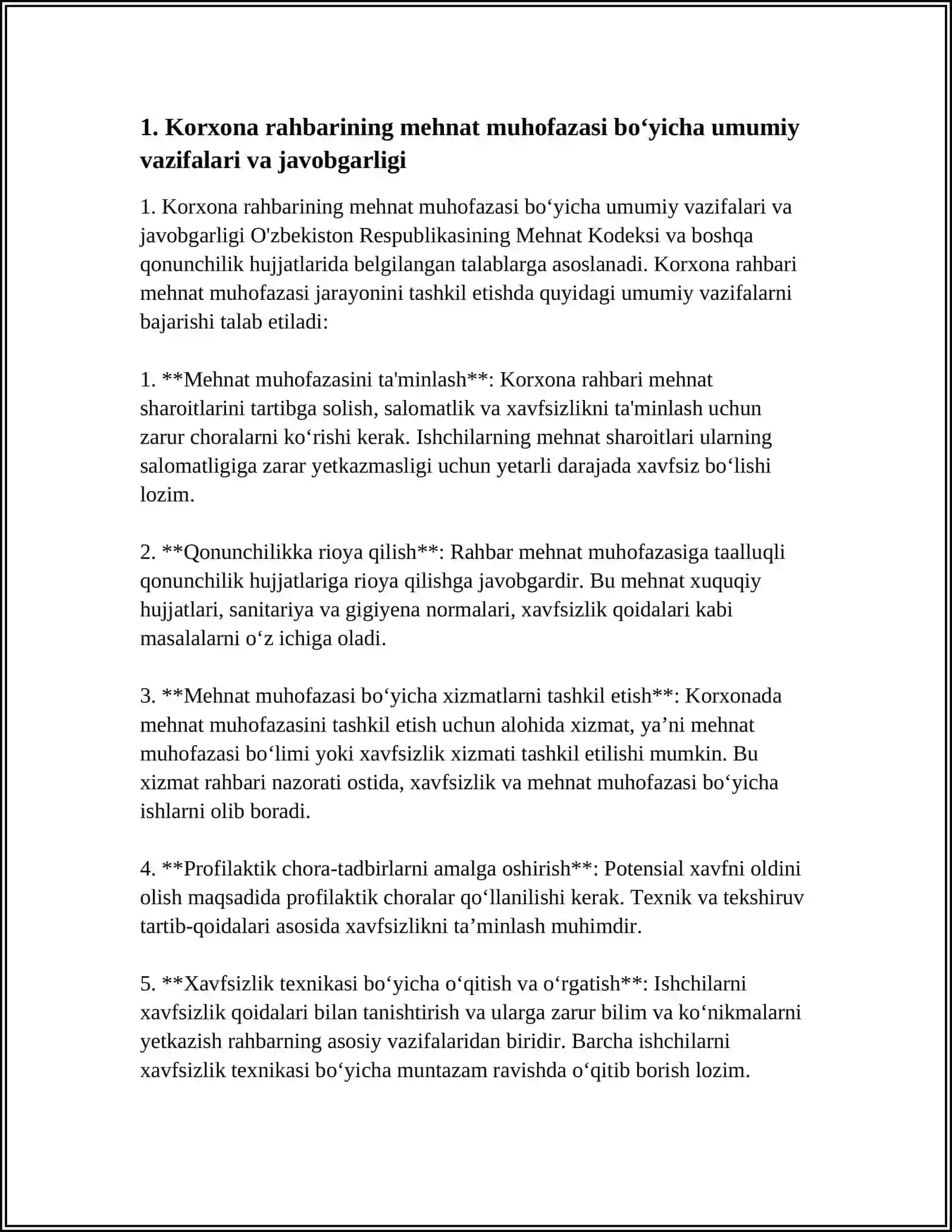 MEHNAT MUHOFAZASI HIZMATINI UYUSHTIRISHDA KORXONA RAHBARI,BOSH MUHANDISI,XAVFSIZLIK MUHANDISINI HUQUQ VA VAZIFALARI 4
