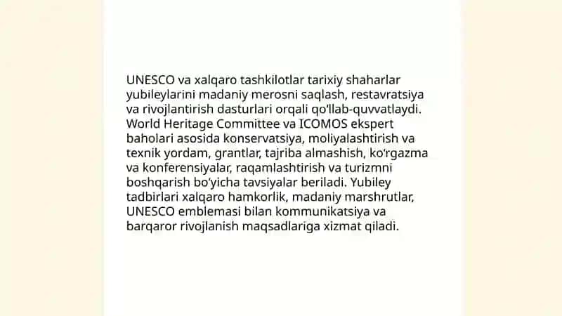 Buyuk ajdodlarimiz xotirasiga bo'lgan e'tibor va tarixiy shaharlar yubileylarining xalqaro miqyosda nishonlanishi 4