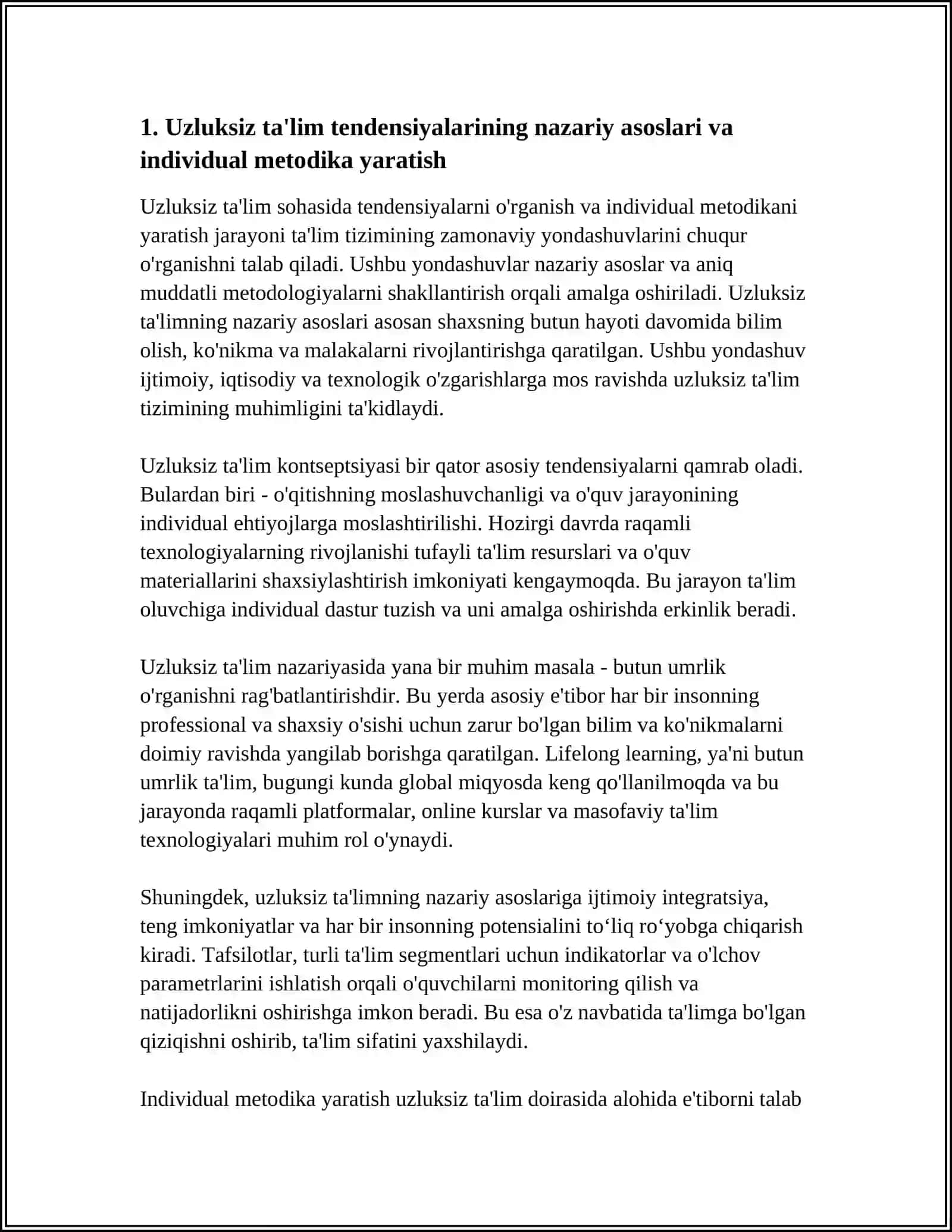 UZLUKSIZ TAʼLIMDAGI TENDENSIYALARDAN FOYDALANISH BOʻYICHA INDIVIDUAL METODIKAGA EGA BOʻLISHNI OʻRGANISH 4