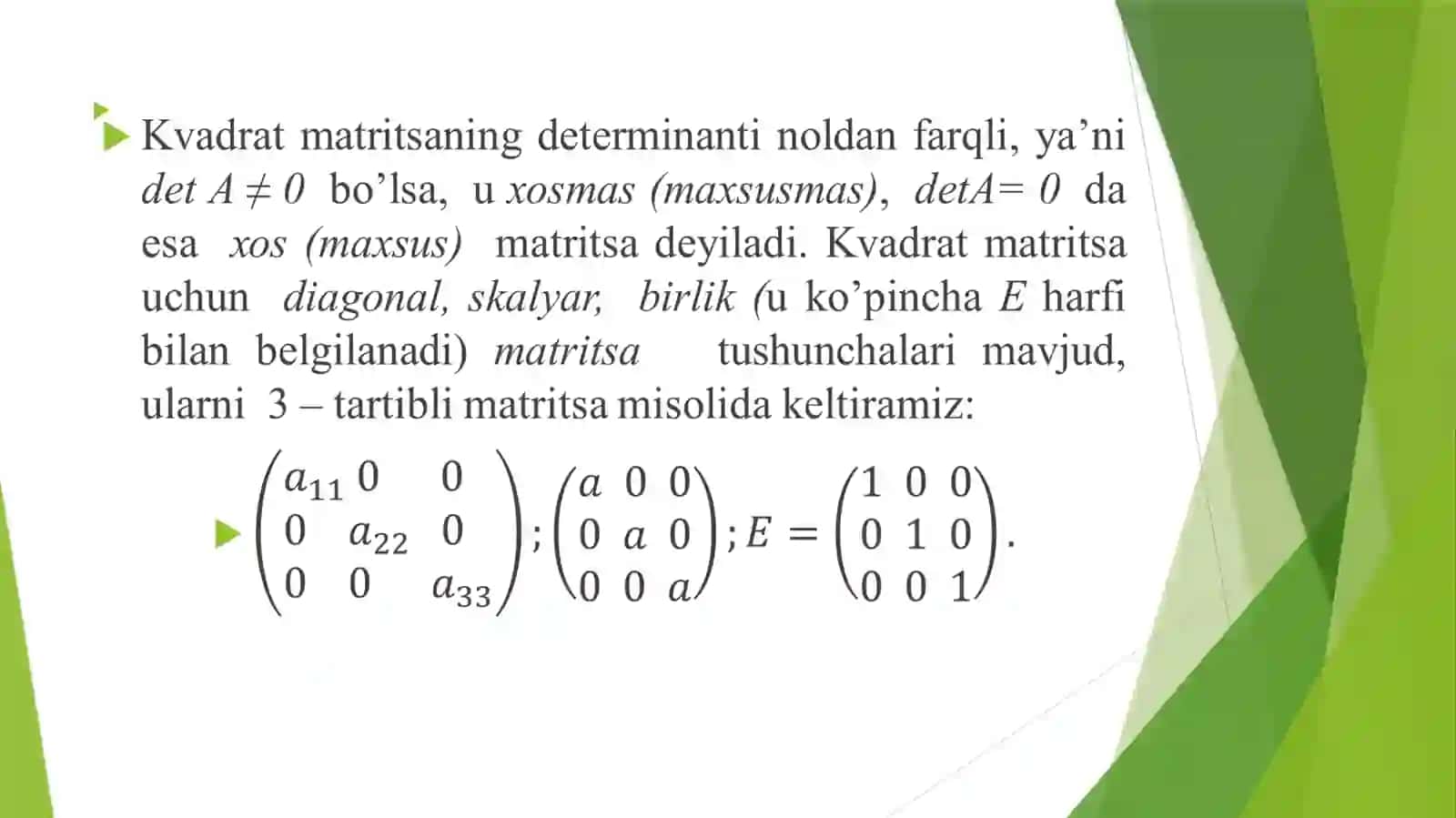 Ma’ruza: Chiziqli algebraik tenglamalar sistemasini yechishning aniq usullari 4