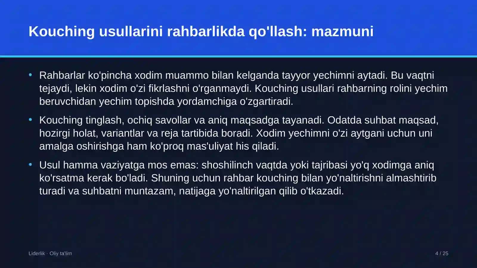 Yoqilg'i quyish shoxobchalarida kouching usullarini rahbarlik amaliyotida qo'llash 4