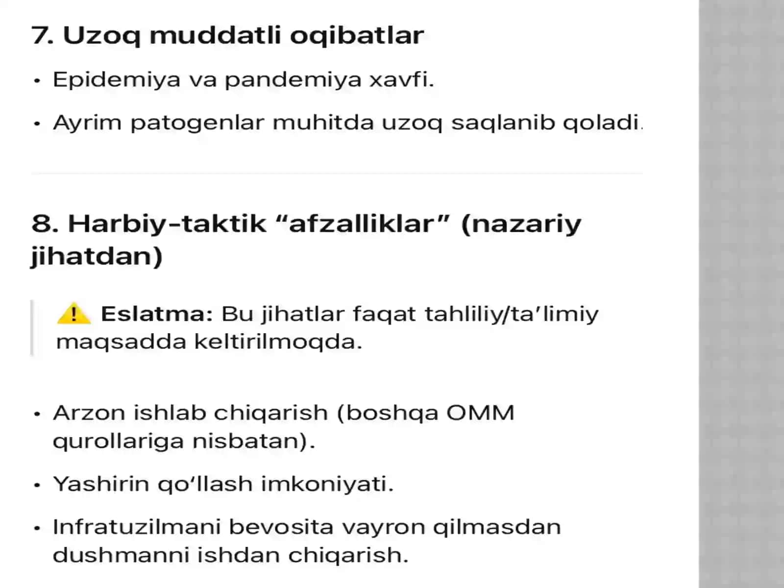 Bakteriologik qurolning jangovor jihatlari va tavsifi.Bakterial retsepturalar,ularni guruhlash,qollash usullari va yetkazish vositalari 4