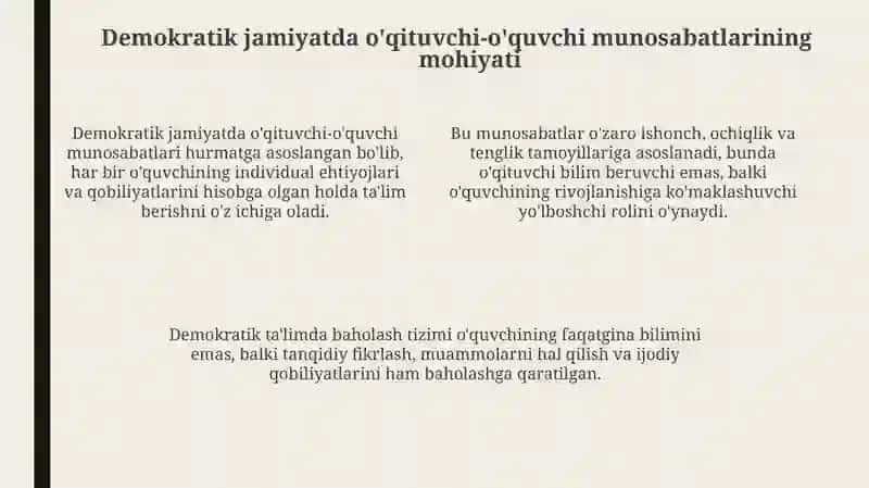 Demokratik jamiyatda O'qtuvchi va o'quvchi munosabatida erkinlik tushunchasi 4