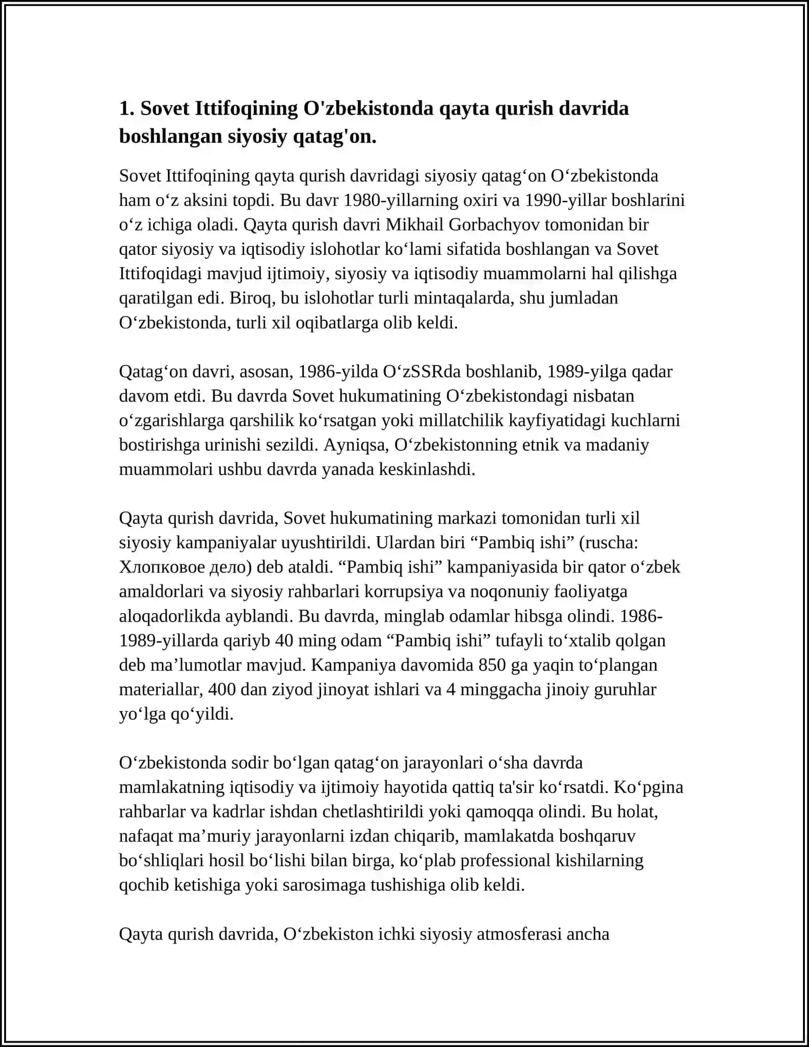 SOVET ITTIFOQINING ÔZBEKISTONDA OLIB BORGAN QATAGʻONCHILIK SIYOSATI VA UNING SALBIY OQIBATLARI. XUDOYBERGAN DEVONOV 4