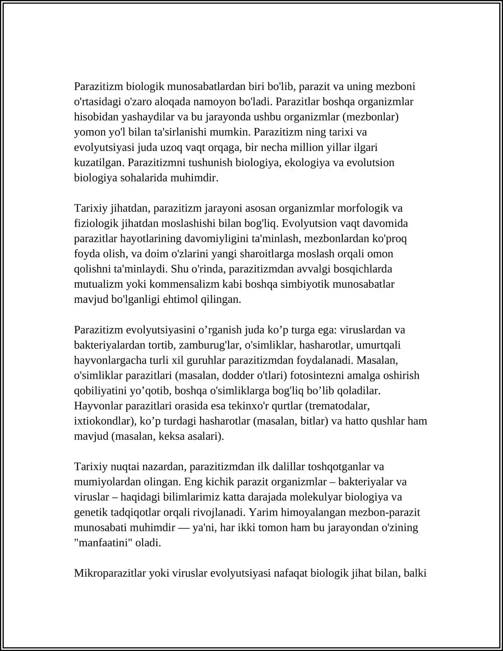 MUSTAQIL ISH Mavzu: PARAZITIZMINNING KELIB CHIQISHI 4