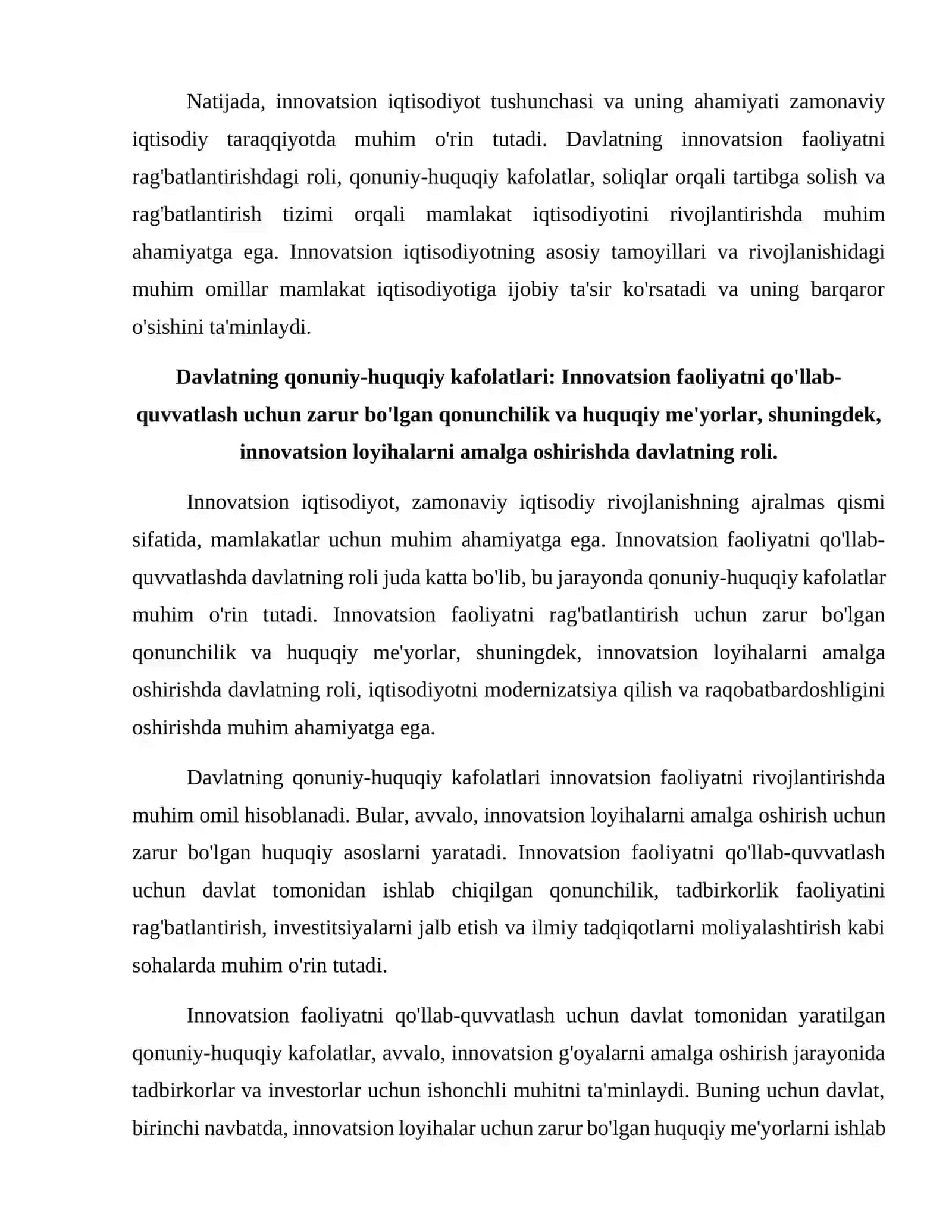 Innovatsion iqtisodiyotni shakllantirishda davlatning o'rni (qonuniy-huquqiy kafolat, soliqlar orqali tartibga solish, rag'batlantirish tizimi 4