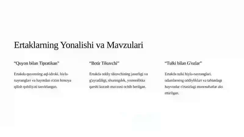 O'zbek Xalq Ertaklari Tahlili: “Quyon bilan Tipratikan”, “Botir Tikuvchi” va “Tulki bilan G'ozlar” 4