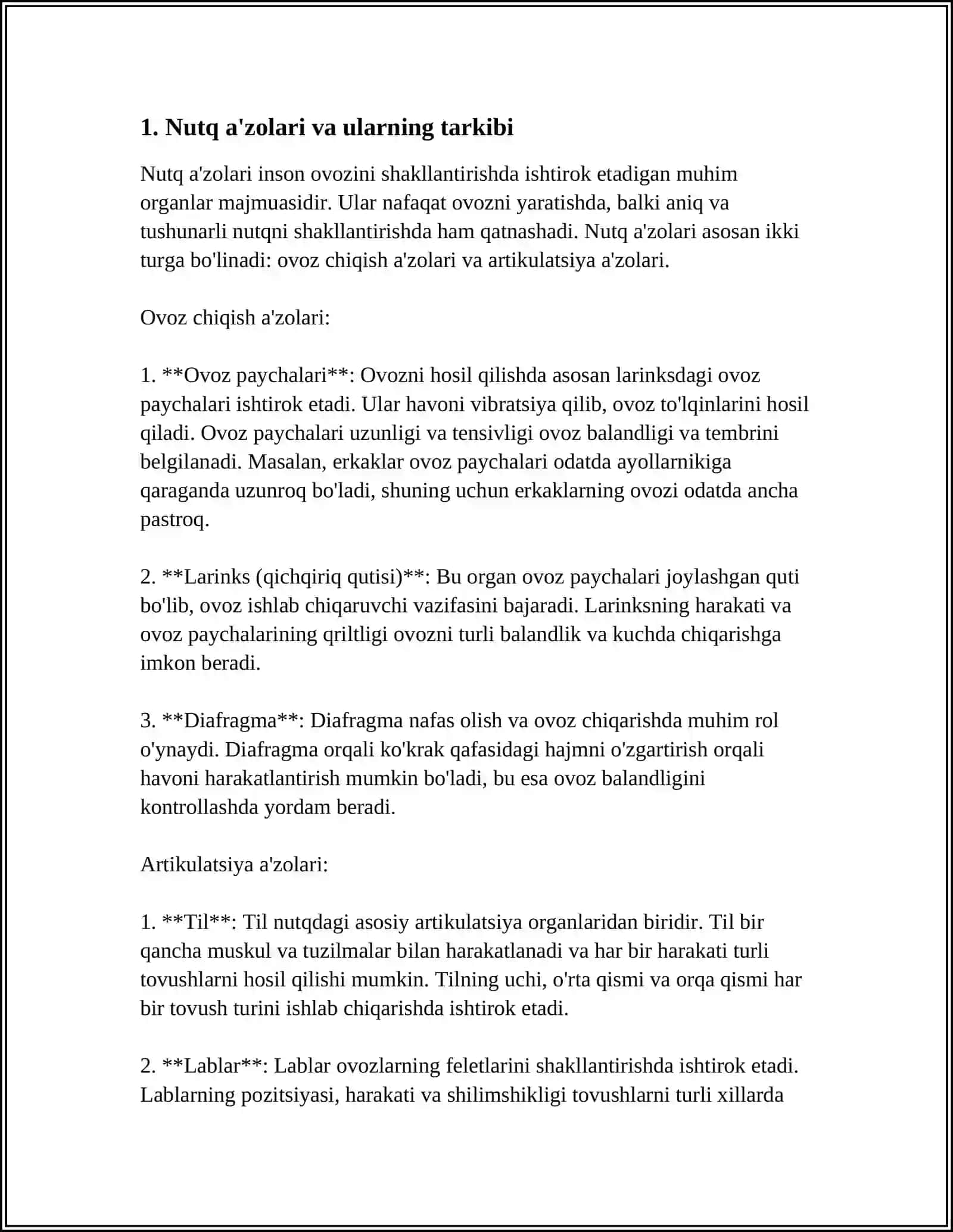 NUTQ A‘ZOLARI VA ULARNING VAZIFASI. NUTQ APPARATI. ARTIKULYATSIYA. ARTIKULYATSIYA O‘RNI VA ARTIKULYATSIYA USULI. FONETIK AKUSTIKA, TOVUSH BALANDLIGI, KUCH, TEMBRI, TEMPI VA CHO‘ZIQLIGI 4