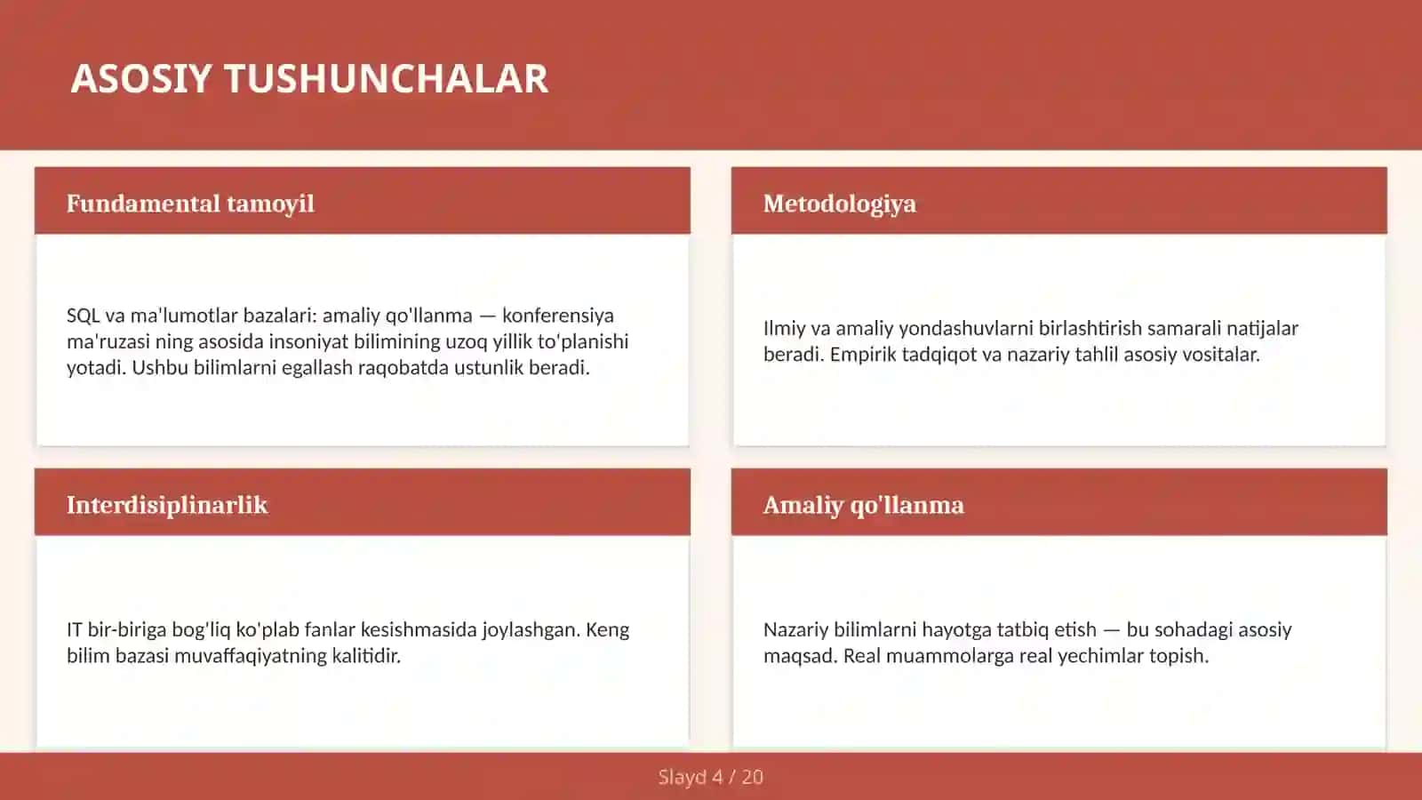 SQL va ma'lumotlar bazalari: amaliy qo'llanma — konferensiya ma'ruzasi 4