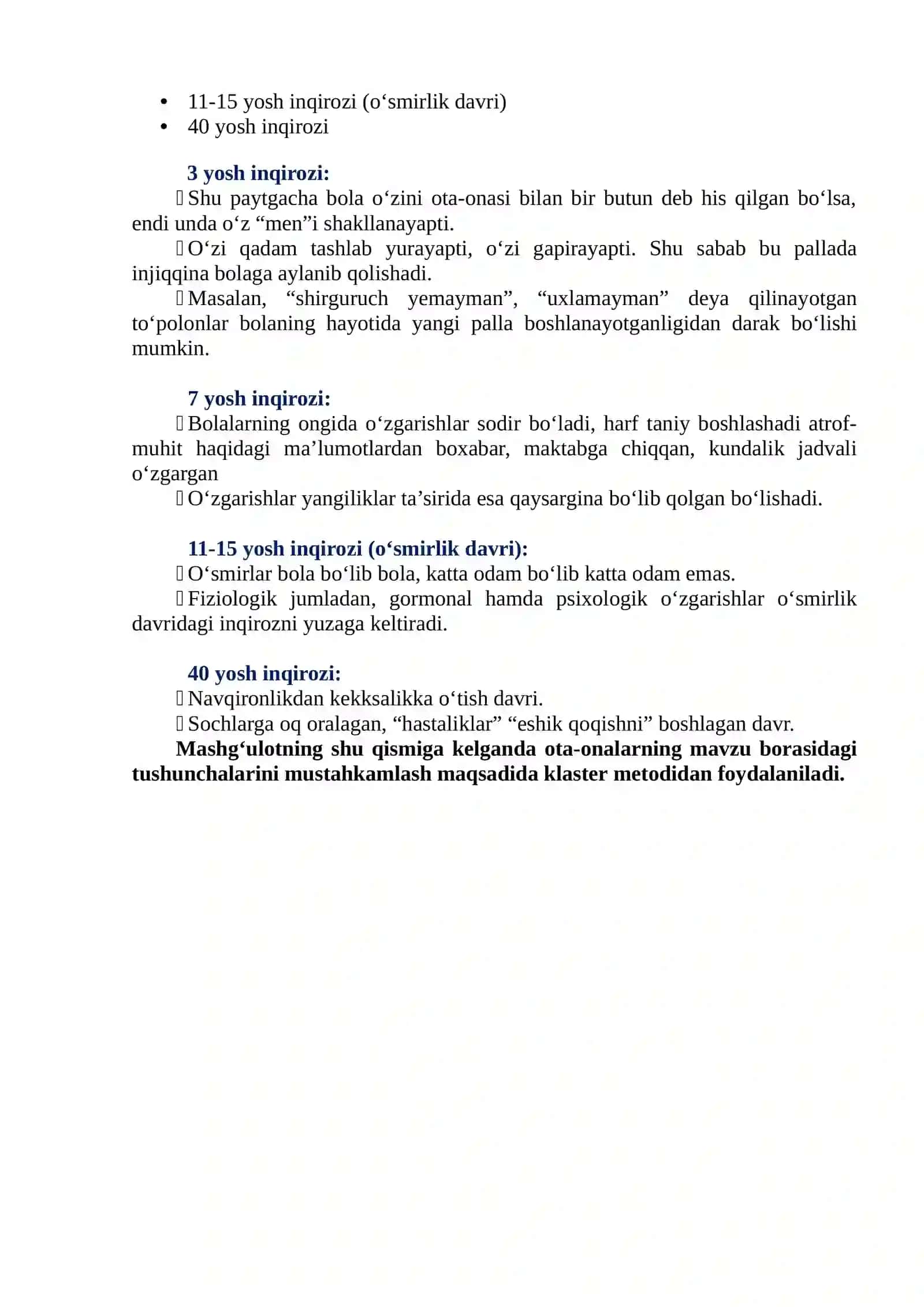 “Bolalar, o‘smirlar, yoshlarning yoshga oid psixologiyasi, inqiroz davrlarida kuzatiladigan xususiyatlar” mavzusida ota-onalar uchun o‘tkaziladigan seminar-trening ishlanmasi 4