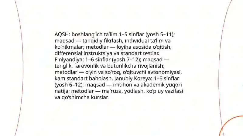 Rivojlangan davlatlar ta'lim tizimi. AQSH,Finlandiya, Janubiy Koreya ta'lim tizimi farqlari 4