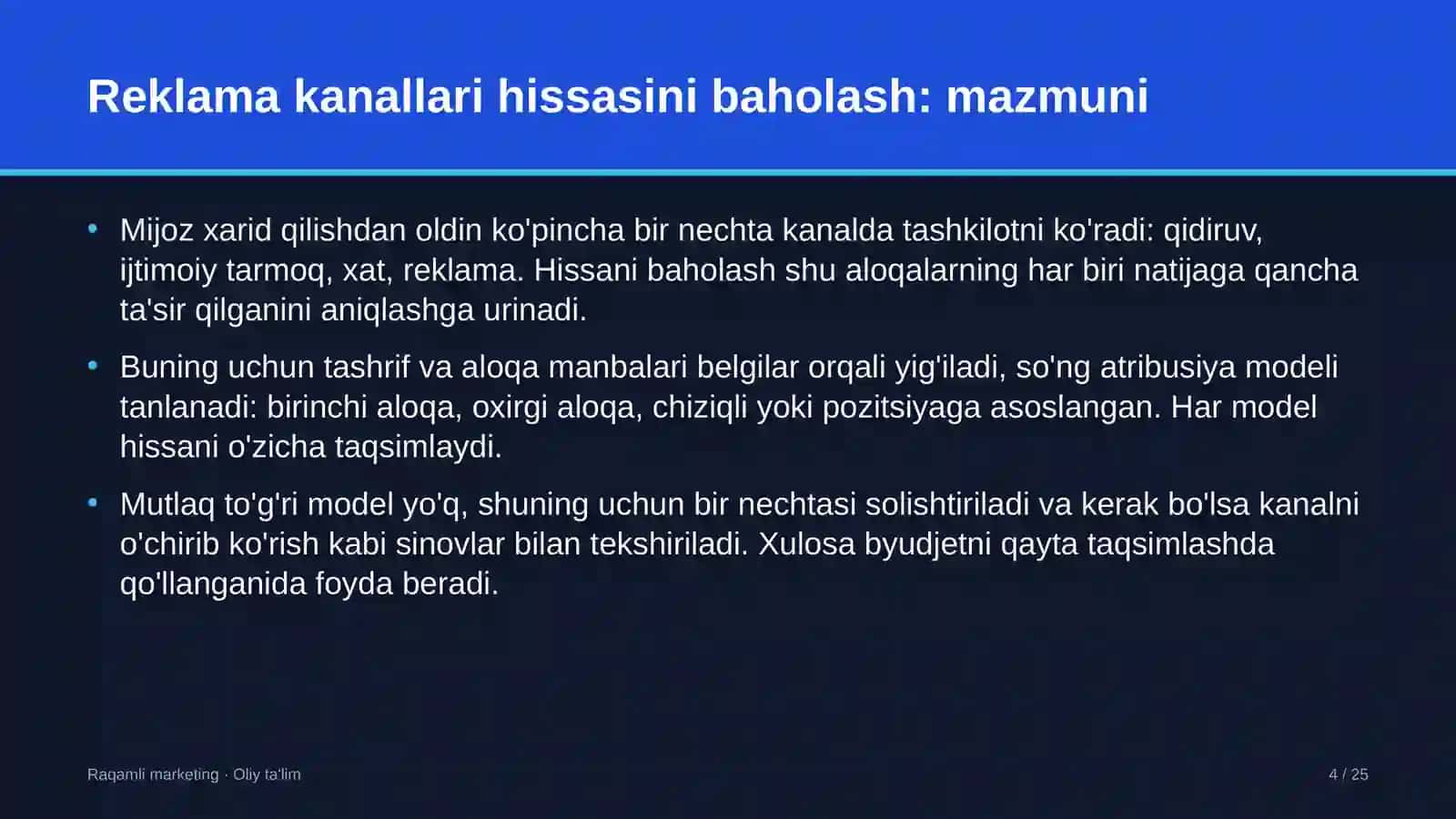 Yo'l xo'jaligida reklama kanallari hissasini baholash 4