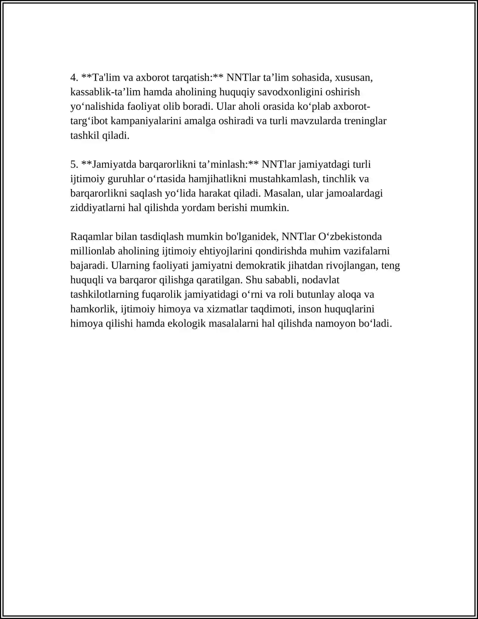 NODAVLAT VA JAMOAT TASHKILOTLARNING O'ZBEKISTONDA DEMOKRATIK JAMIYAT BARPO ETISHDAGI O'RNI VA AHAMIYATI 4
