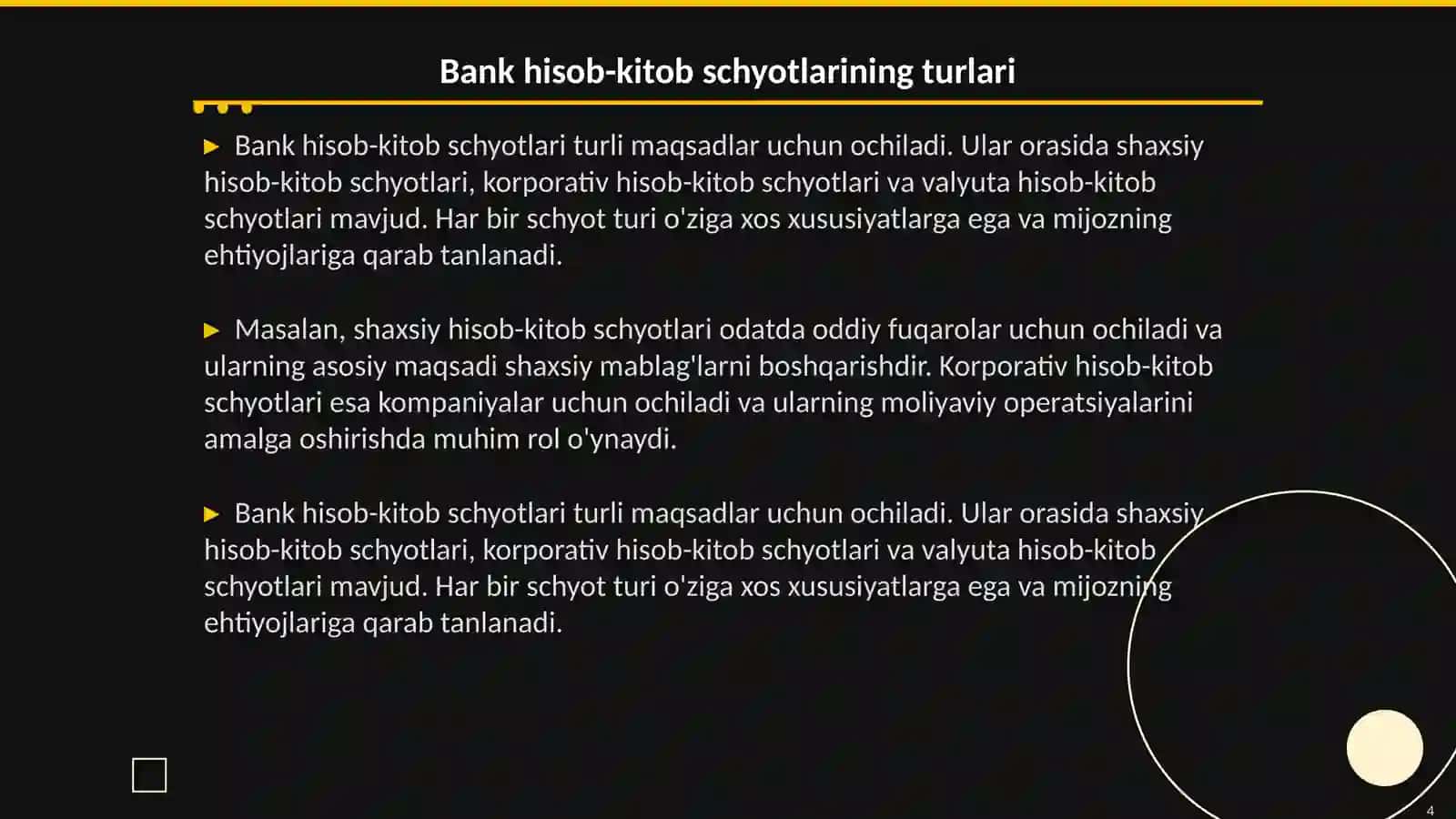 Buxgalteriya hisobi Mavzusi: bankdagi maxsus hisob kitob schyotlari hisobi 4