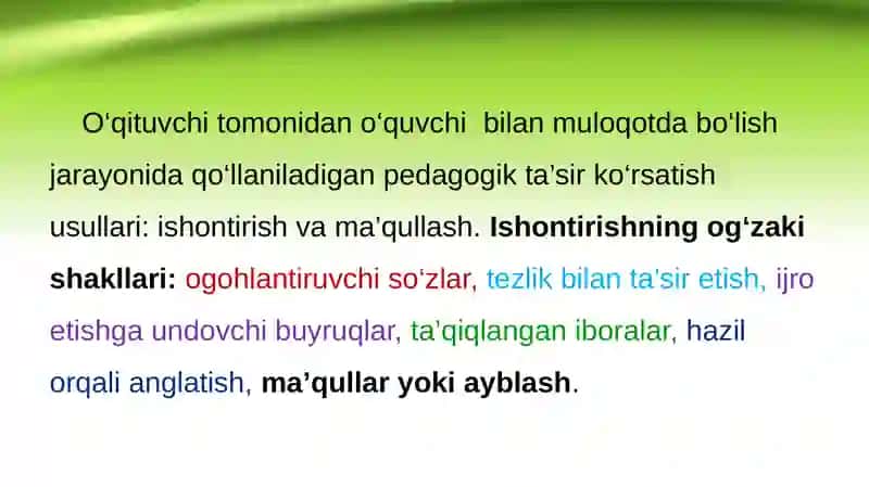 Ishontirishning og`zaki tasir etish turlari 4