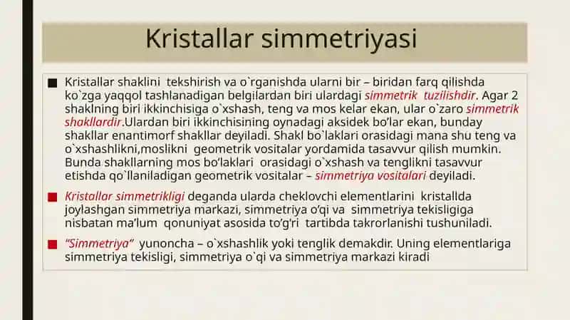 Kristallar simmetriyasi. Translatsiya guruhlari, kristall panjarasi. Tekislikda va fazoda simmetriya turlari. Inversiya, translyatsiya va saylanish simmetriyalari. Fazoviy guruhlar. 4