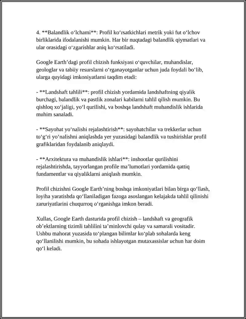 GOOGLE EARTH DASTURI YORDAMIDA HUDUDLARNING VA GEOGRAFIK OBYEKTLARNING BOYLANMA VA KONDALANG PROFILARINI CHIZISH 4