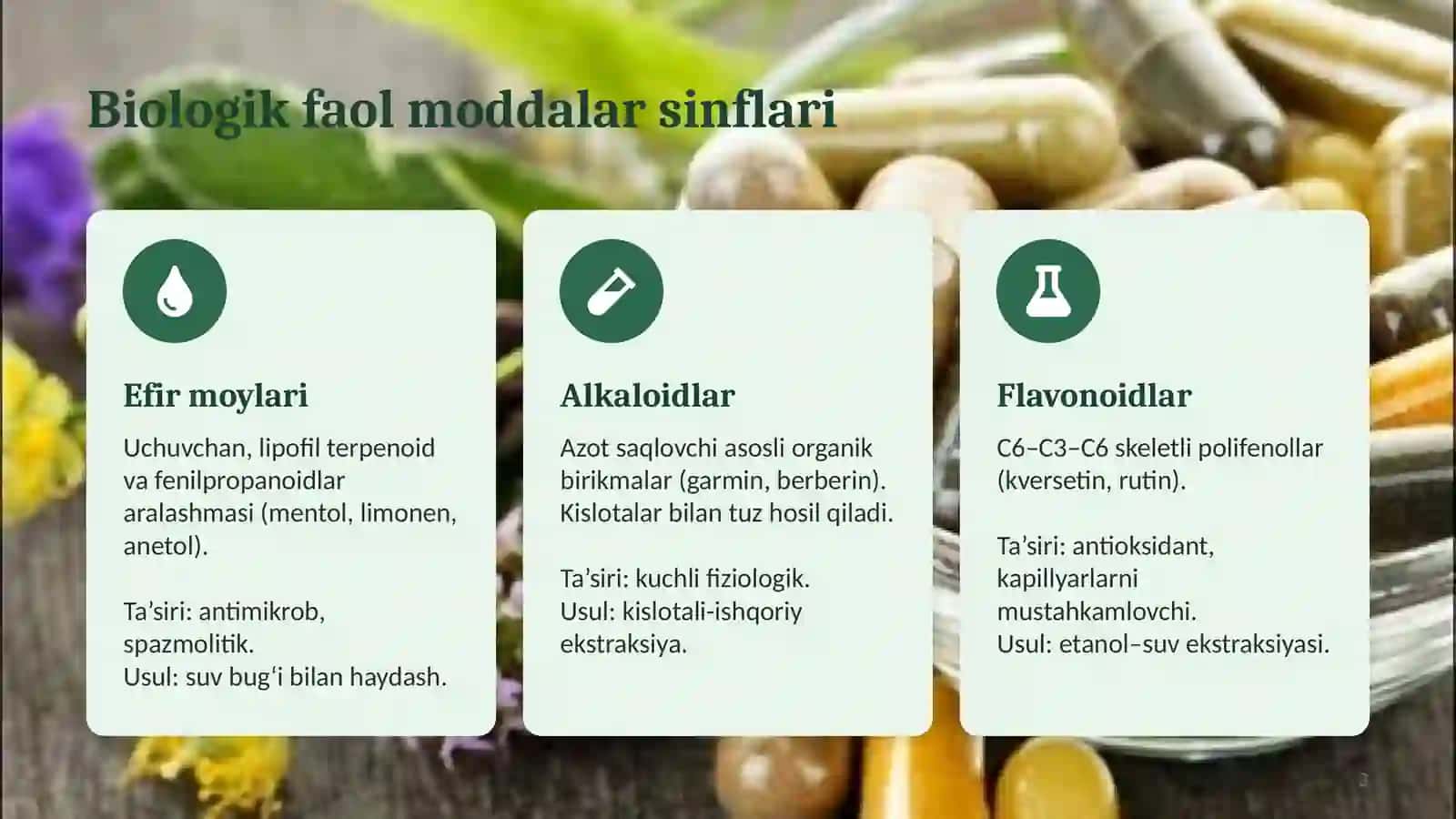 Mahalliy o‘simliklardan biologik faol modda (efir moyi, alkaloid, flavonoid) ajratish texnologiyasi 4