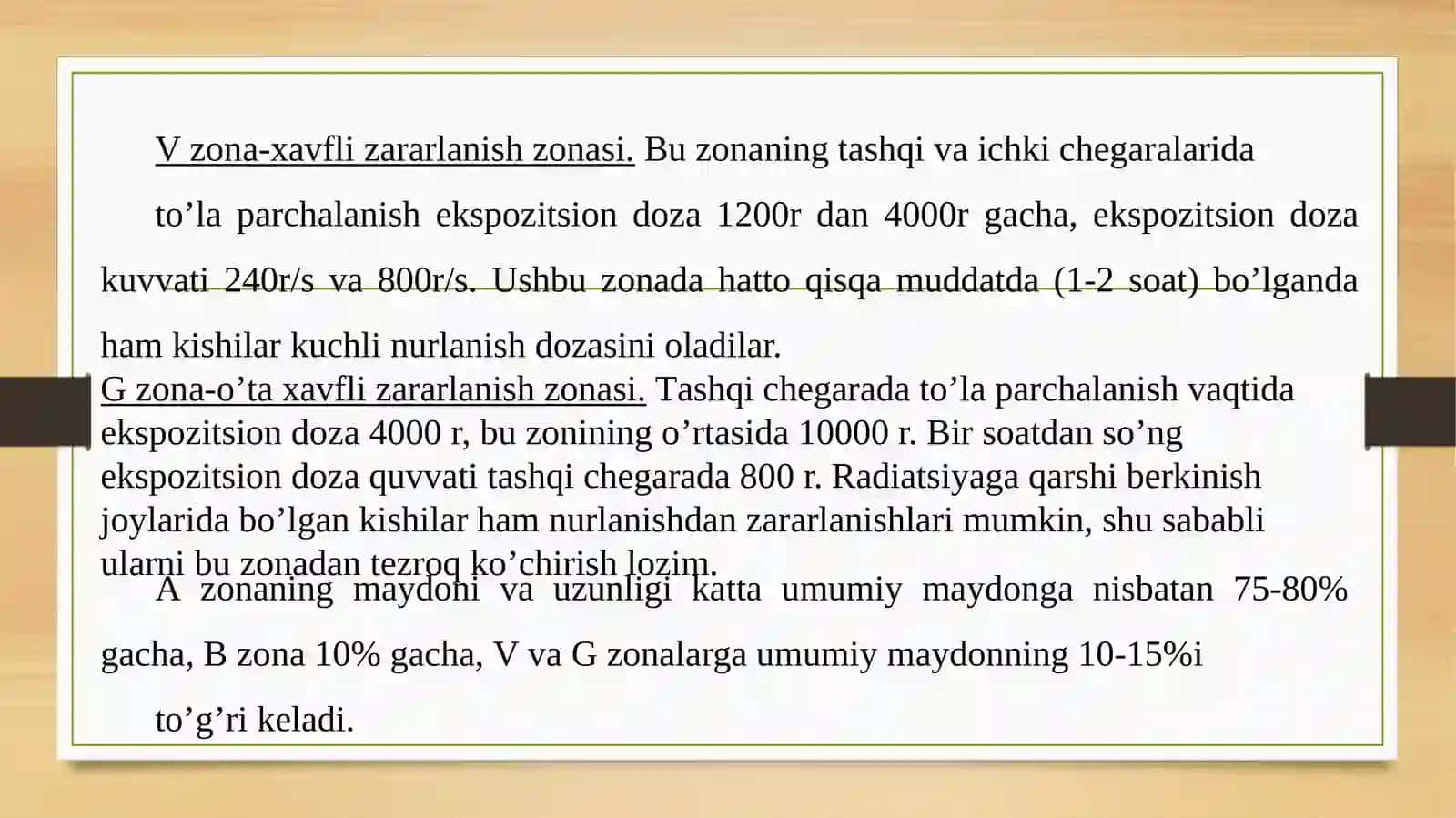 Favqulotda vaziyatni baholash. Radiatsion holat. Radiaktiv zararlanish manbalari. Zonalar tavsifi 4
