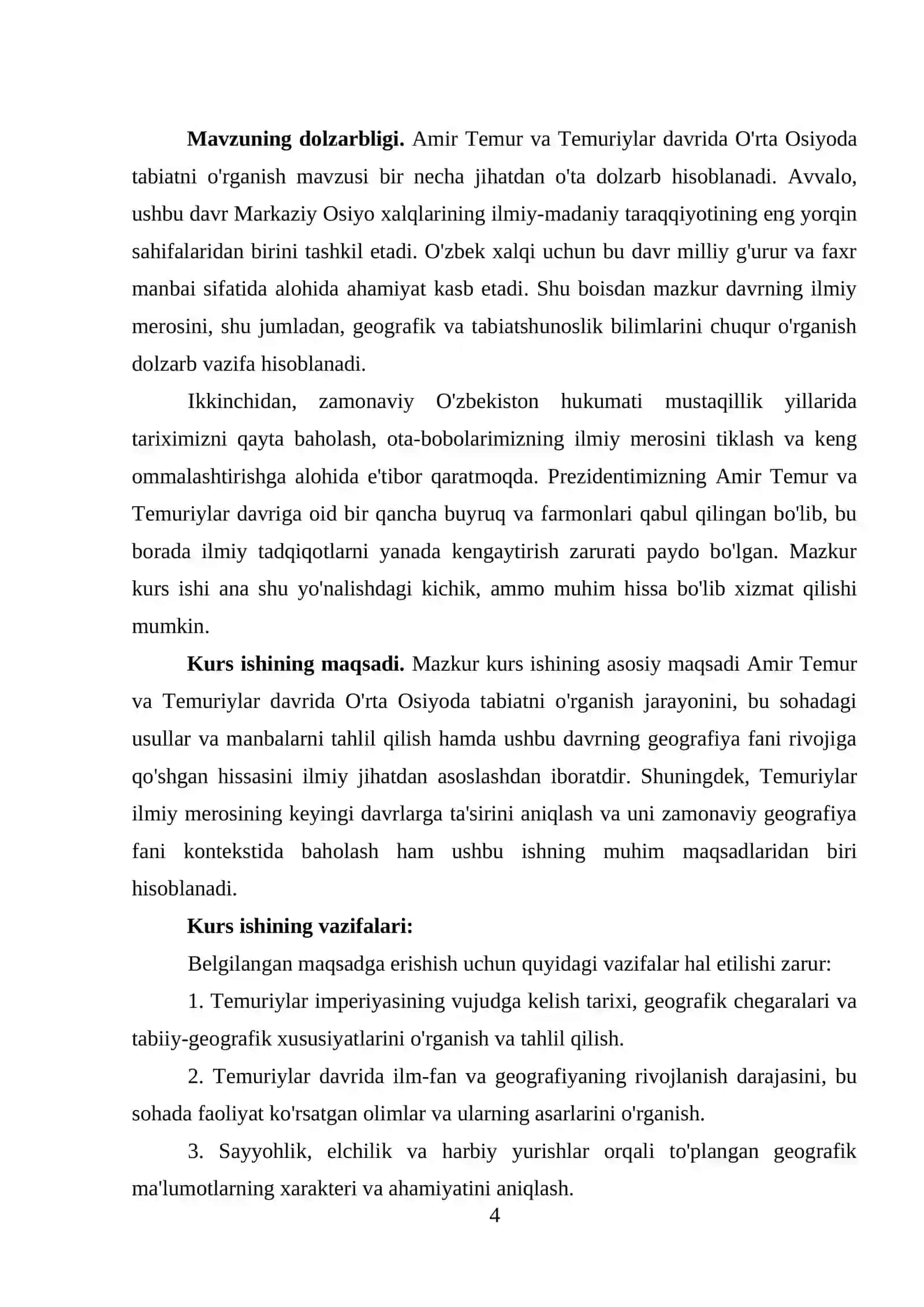 Аmir tеmur vа Tеmuriуlаr dаvridа О`rtа Оsiуоning о`rgаnilish dаrаjаsi mavzusida kurs ishi 4