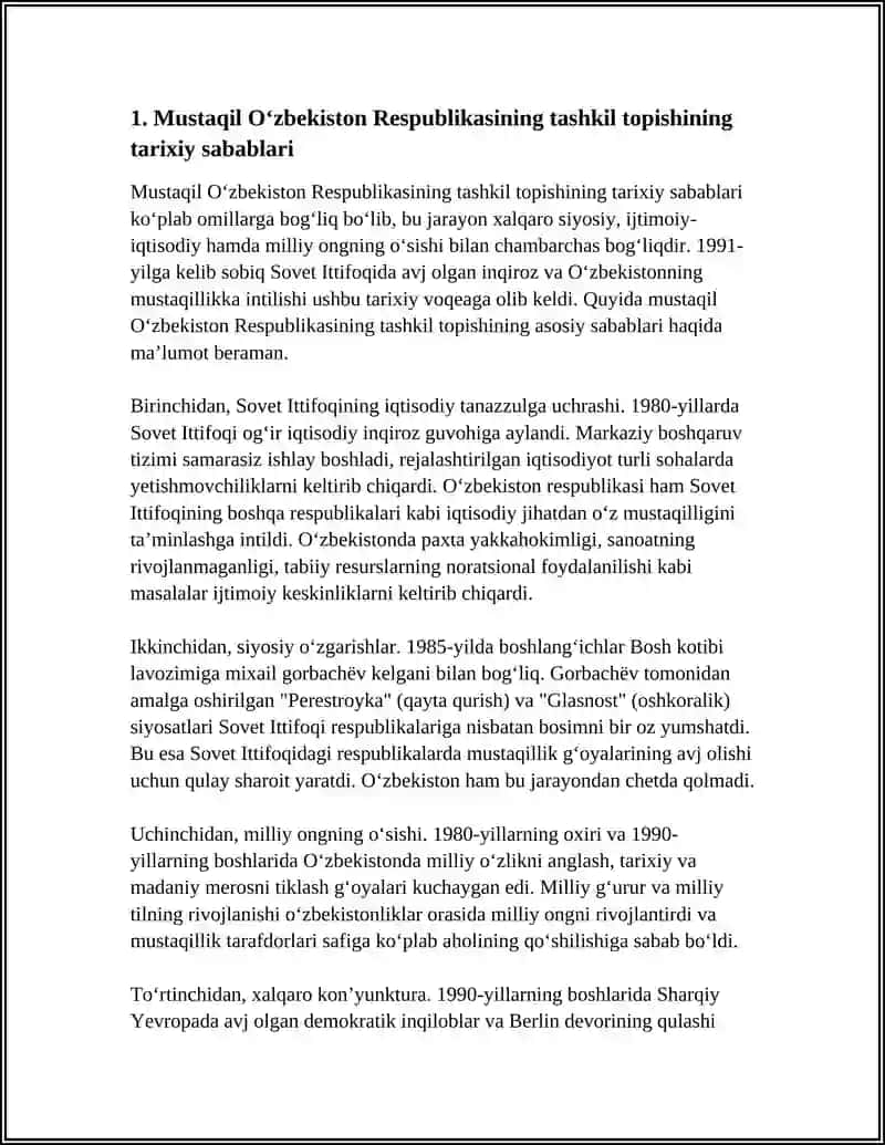 MUSTAQIL O'ZBEKISTON RESPUBLIKASI TASHKIL TOPISHINING TARIXIY AHAMIYATI 4