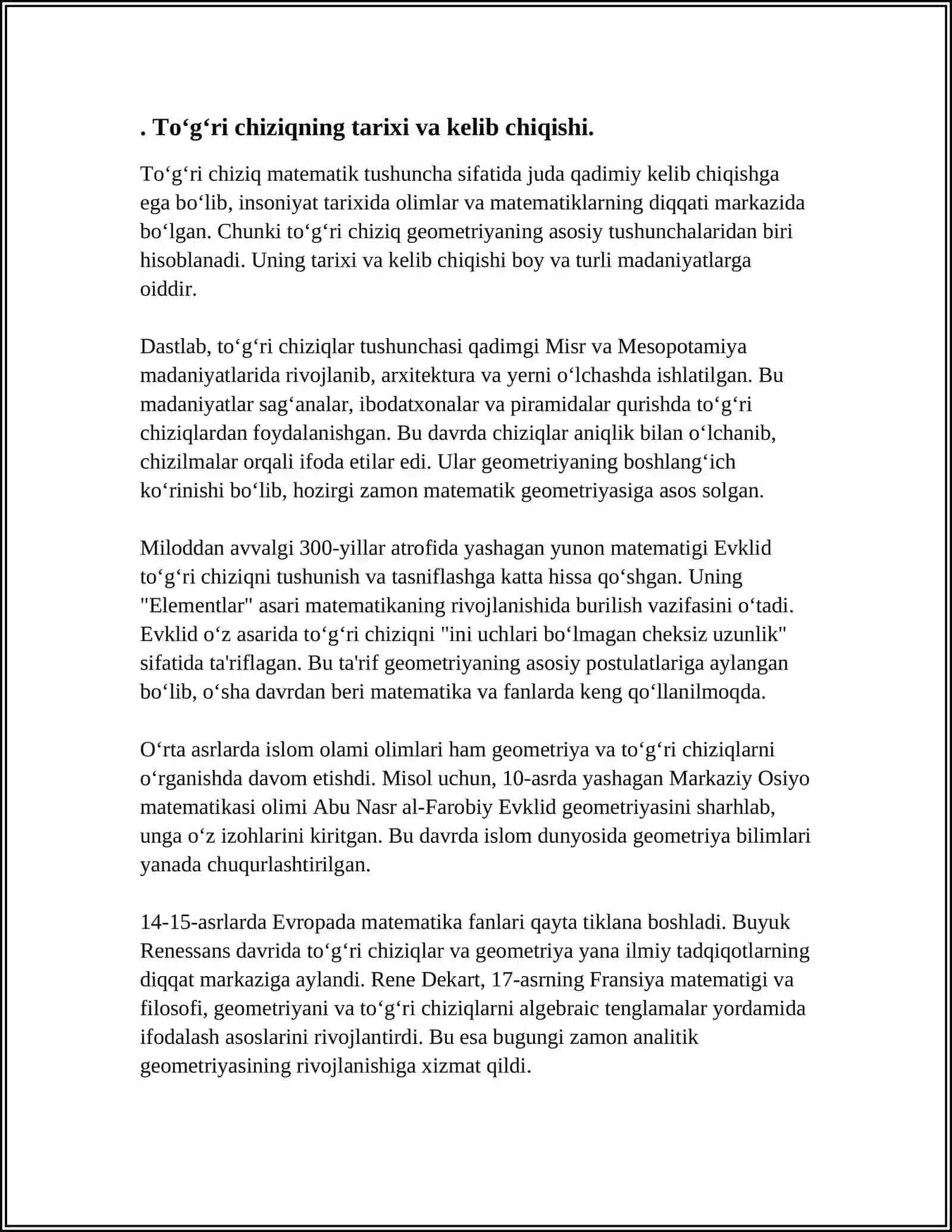 TO‘G‘RI CHIZIQ, NUQTA VA TEKISLIK TUSHUNCHALARI QANDAY VUJUDGA KELGANINI VA ULAR GEOMETRIYANING RIVOJLANISHIDA QANDAY O‘RIN TUTGANINI O‘RGANING 4