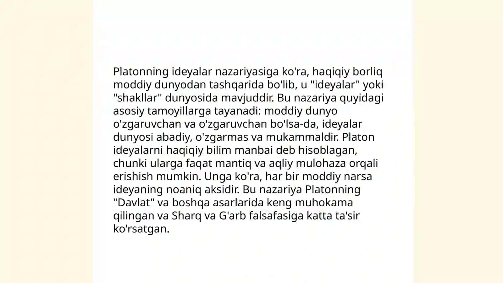 Yevropa mutafakkirlari Platon, R.Dekart va D.Yumning falsafaga oid qarashlarini qiyosiy tahlili. Aristotel, Farobiy va Kant ontologiyasida kategoriyalar tasnifi 4