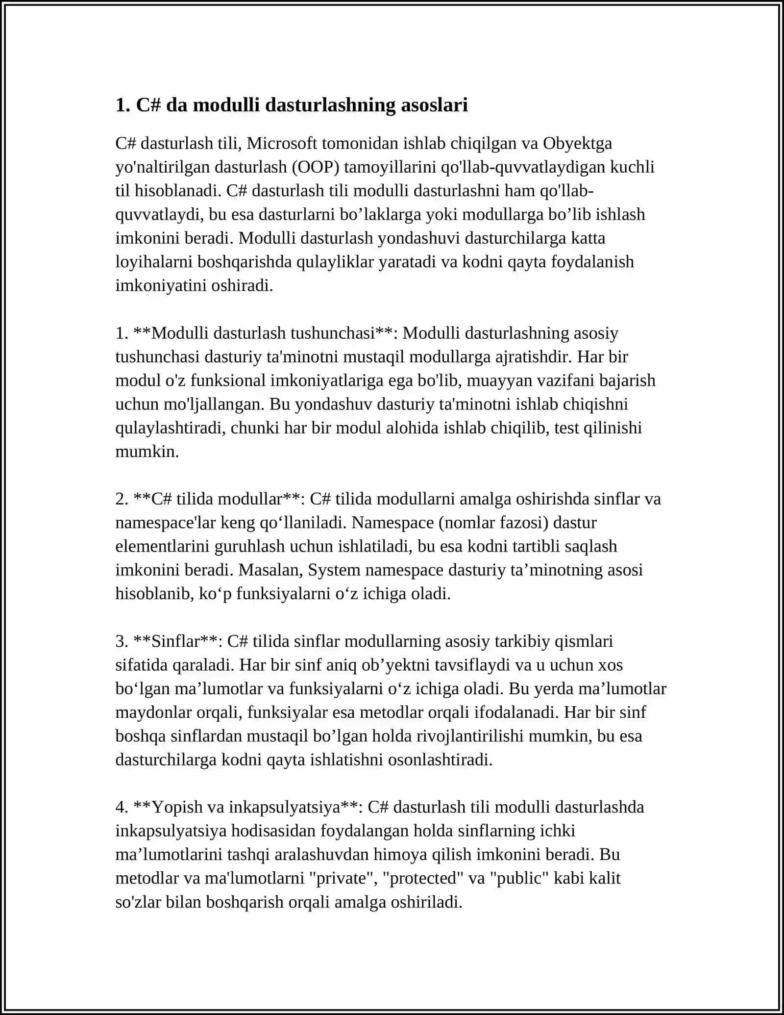 C# VA BOSHQA DASTURLASH TILLARDA(PASCAL,C++) MODULLI DASTURLASH 4
