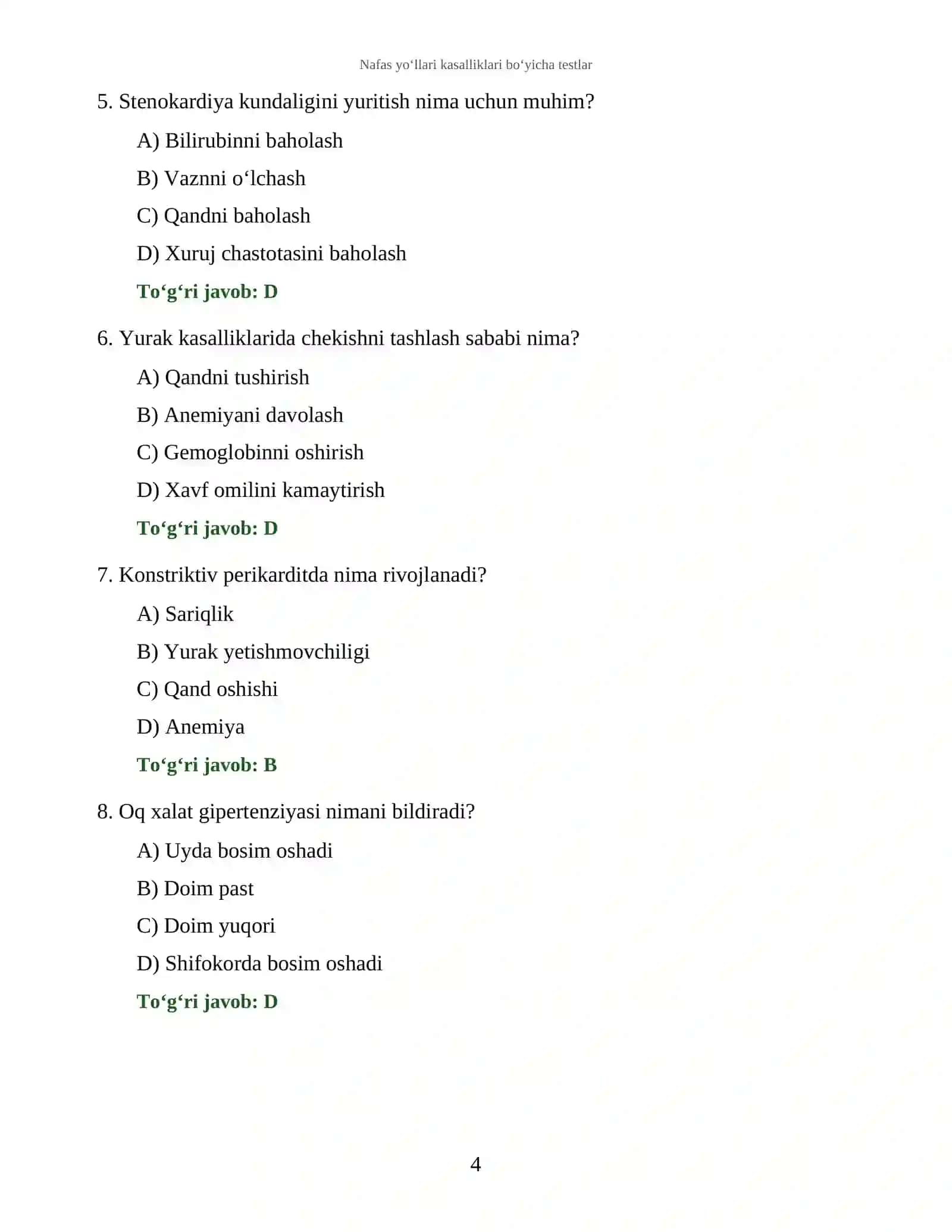 Nafas yo‘llari kasalliklari bo‘yicha testlar 4